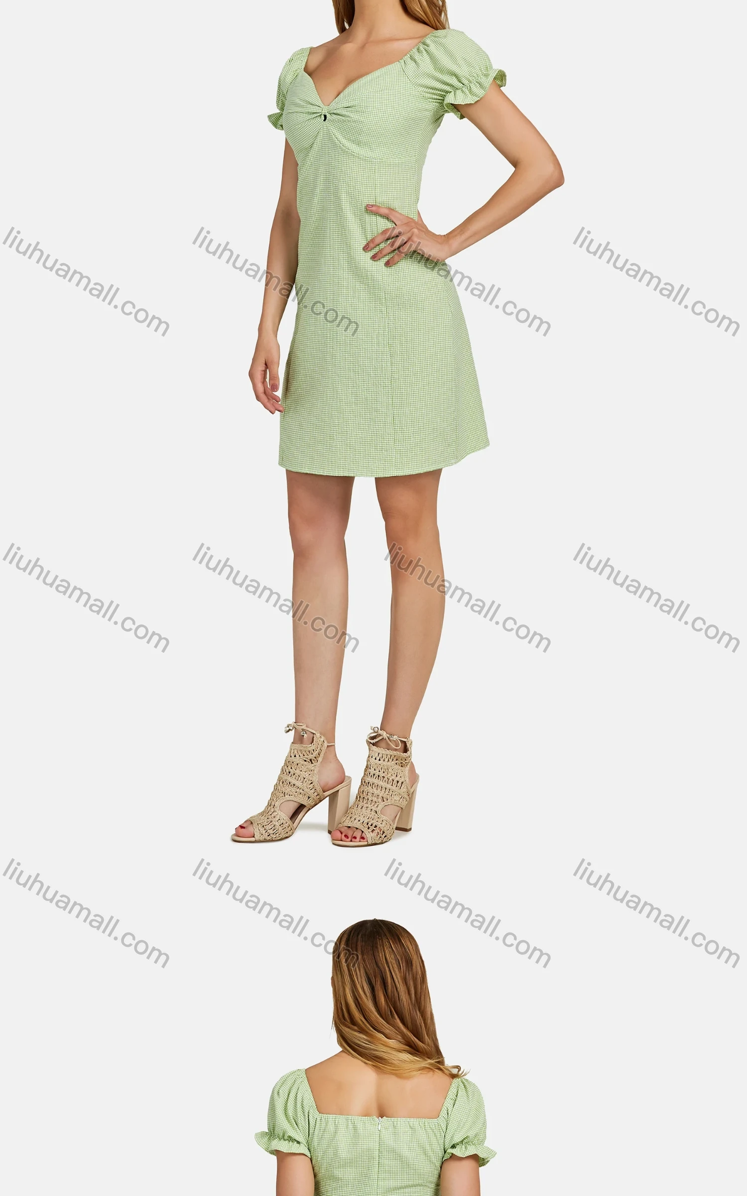 Wholesale Women's Casual V Neck Short Sleeve Ruffle Trim Ruched Plaid Short Dress 05# - Liuhuamall