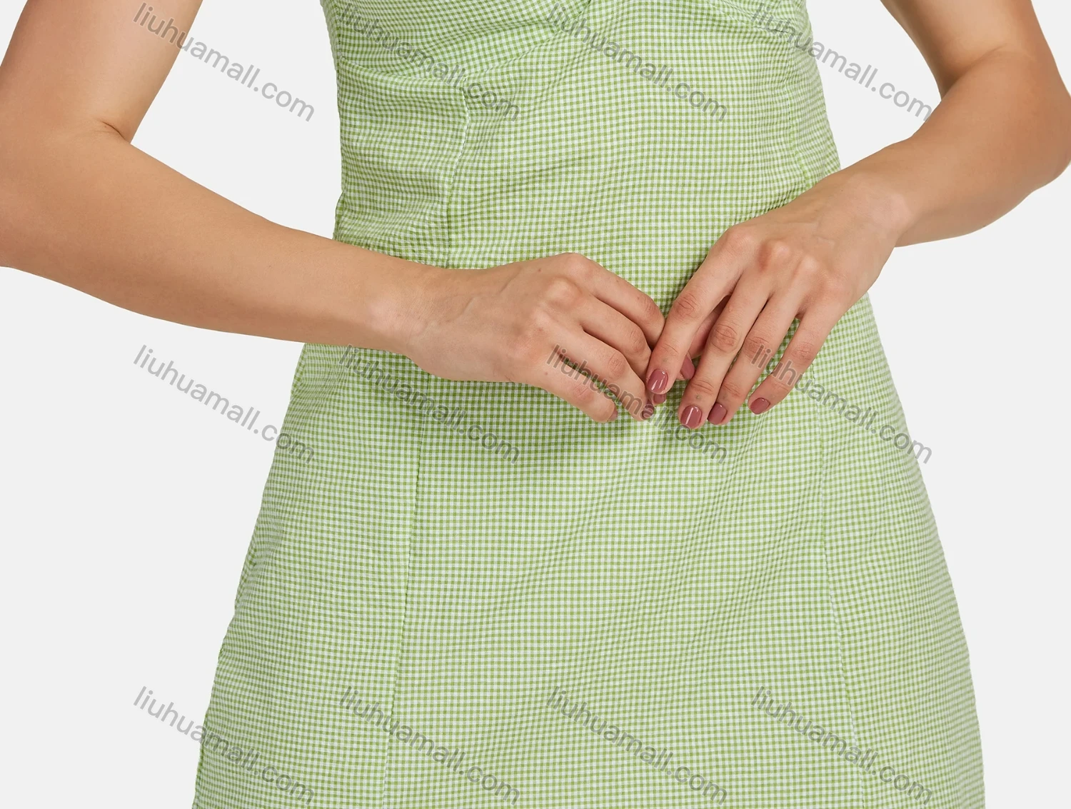 Wholesale Women's Casual V Neck Short Sleeve Ruffle Trim Ruched Plaid Short Dress 05# - Liuhuamall