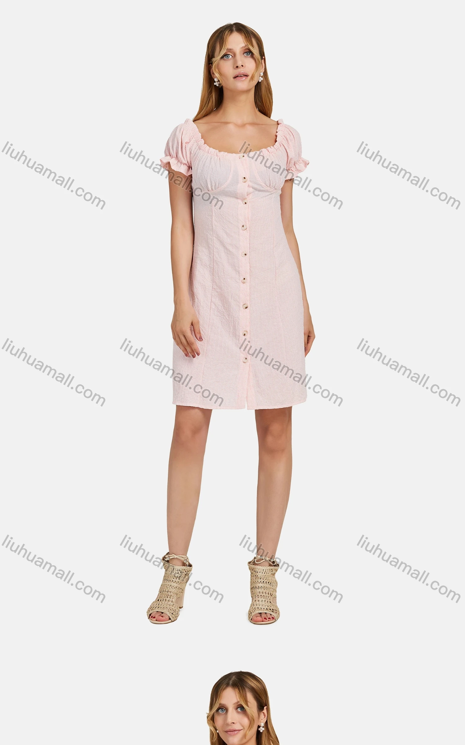 Wholesale Women's Casual Square Neck Short Sleeve Ruffle Trim Ruched Button Down Plaid Short Dress 06# - Liuhuamall