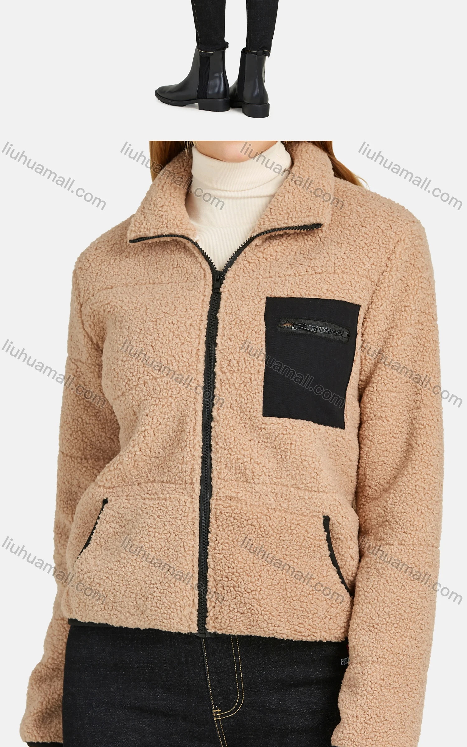 Wholesale Women's Casual Long Sleeve Fuzzy Thermal Lined Zipper Pockets Fluffy Jacket - Liuhuamall