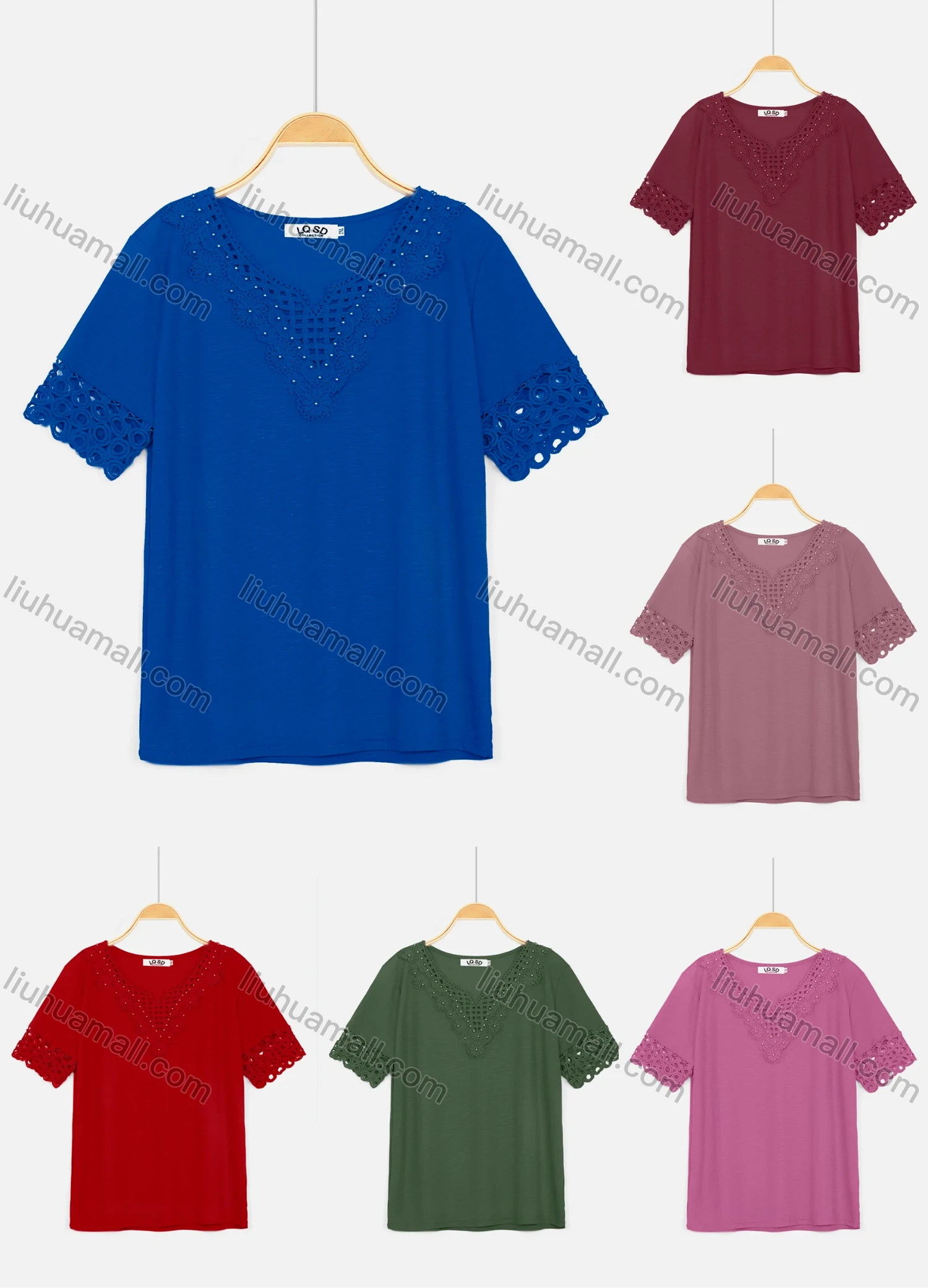 Wholesale Women's Notched Neck Short Sleeve Pearl Lace Applique Knit Tops - Liuhuamall