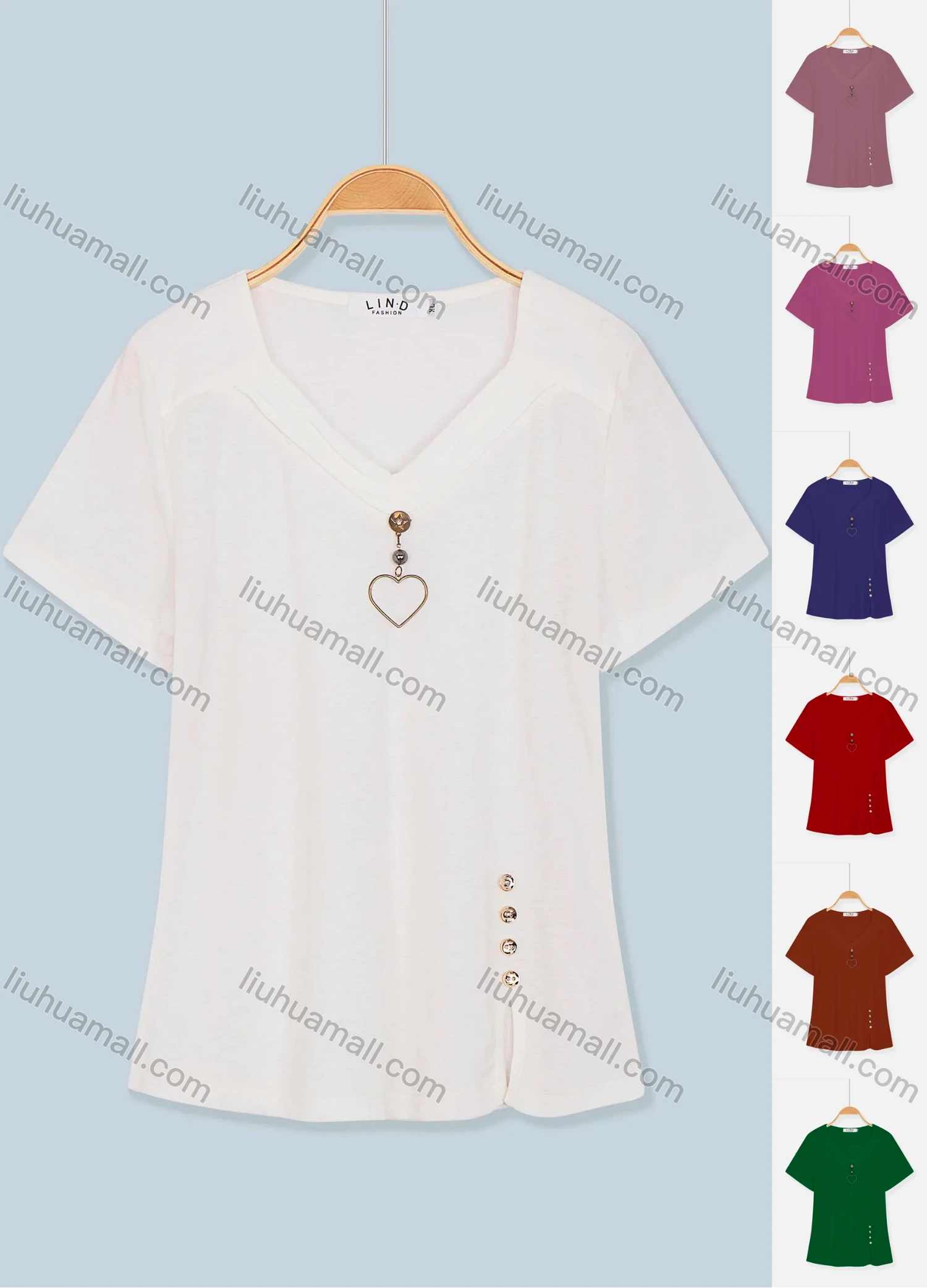 Wholesale Women's Casual Short Sleeve Pendant Button Decor Split Side Knit Tops - Liuhuamall