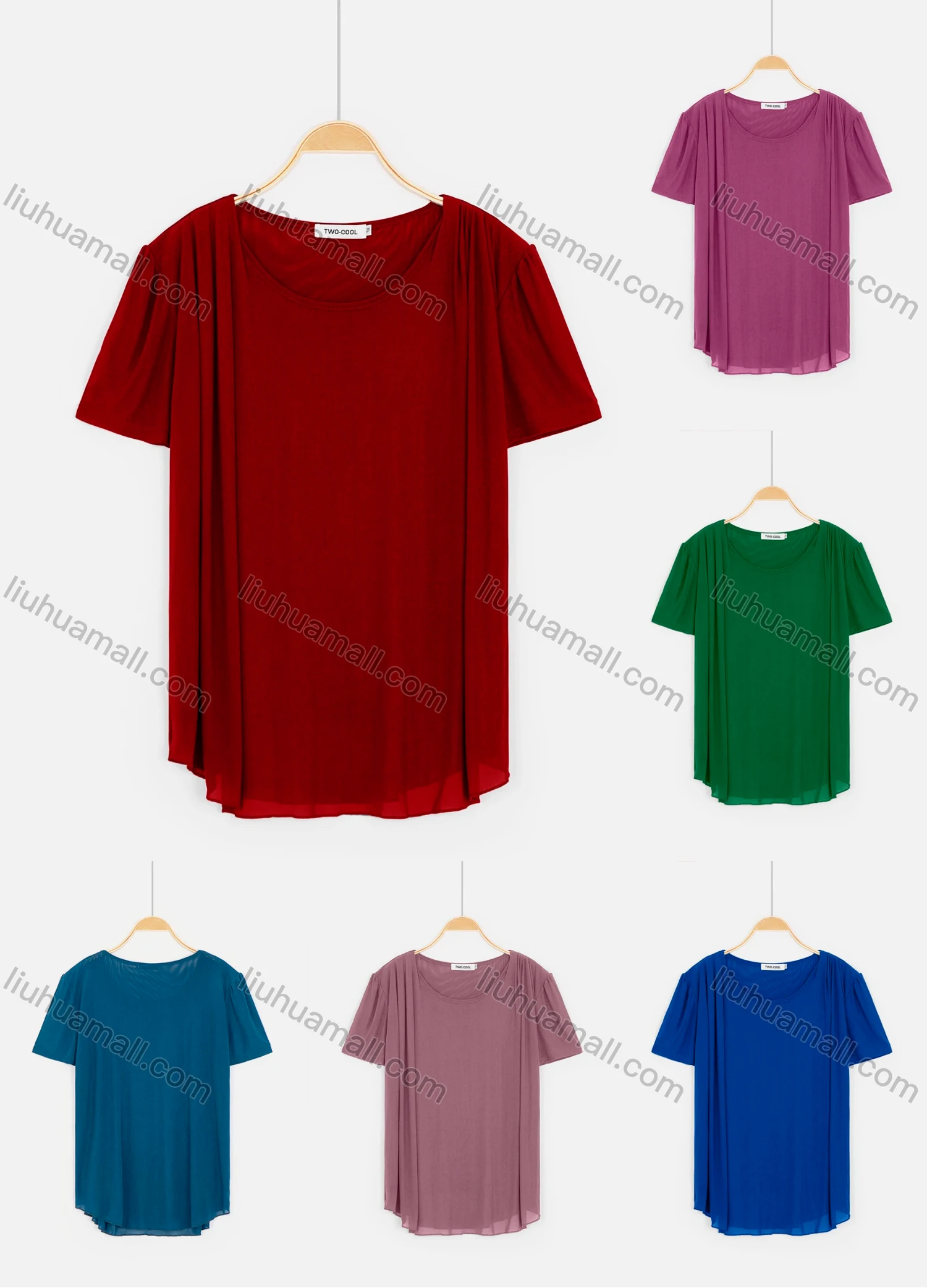 Wholesale Women's Crew Neck Short Sleeve Ruched Plain Knit Tops - Liuhuamall