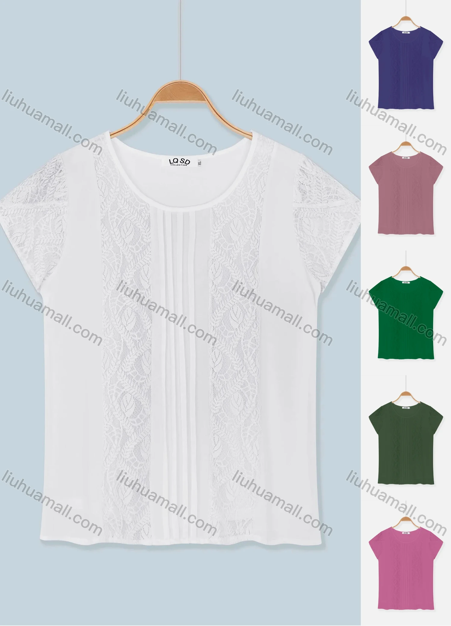 Wholesale Women's Crew Neck Cap Sleeve Lace Trim Pleated Plain Knit Tops - Liuhuamall