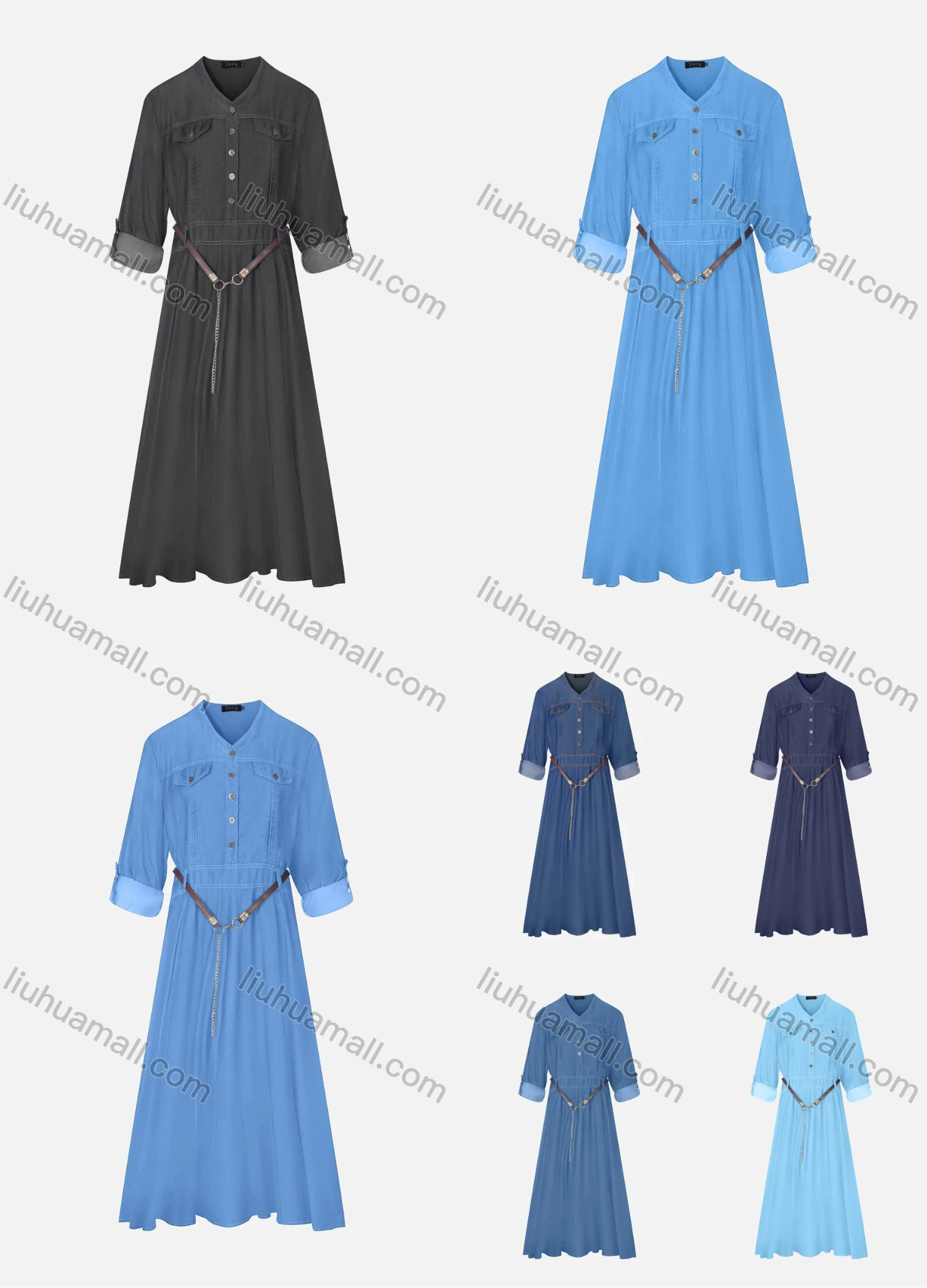 Wholesale Women's V Neck Fake Pockets Denim Dress With Belt - Liuhuamall