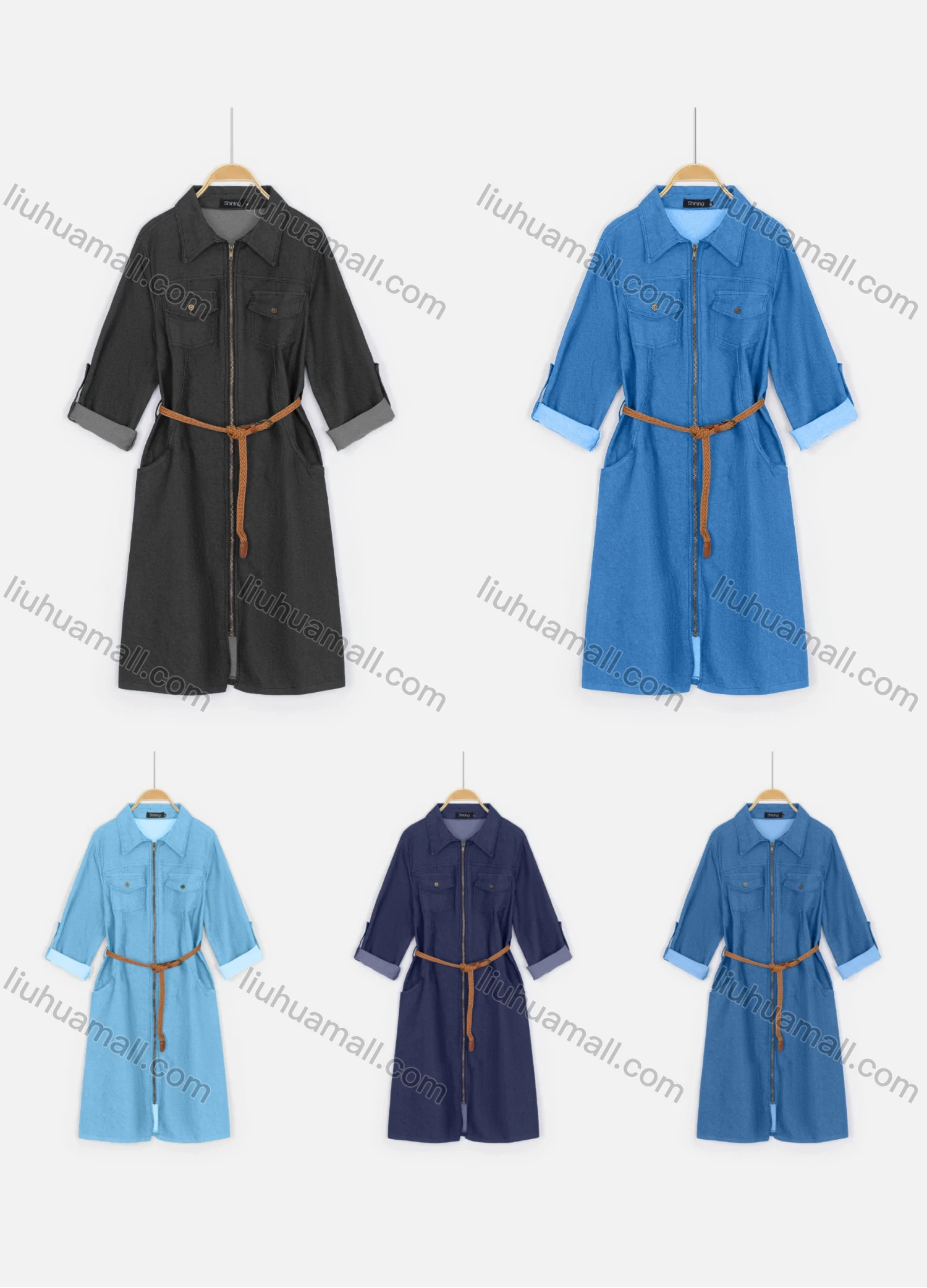 Wholesale Women's Lapel Zipper Pockets Denim Dress With Belt - Liuhuamall