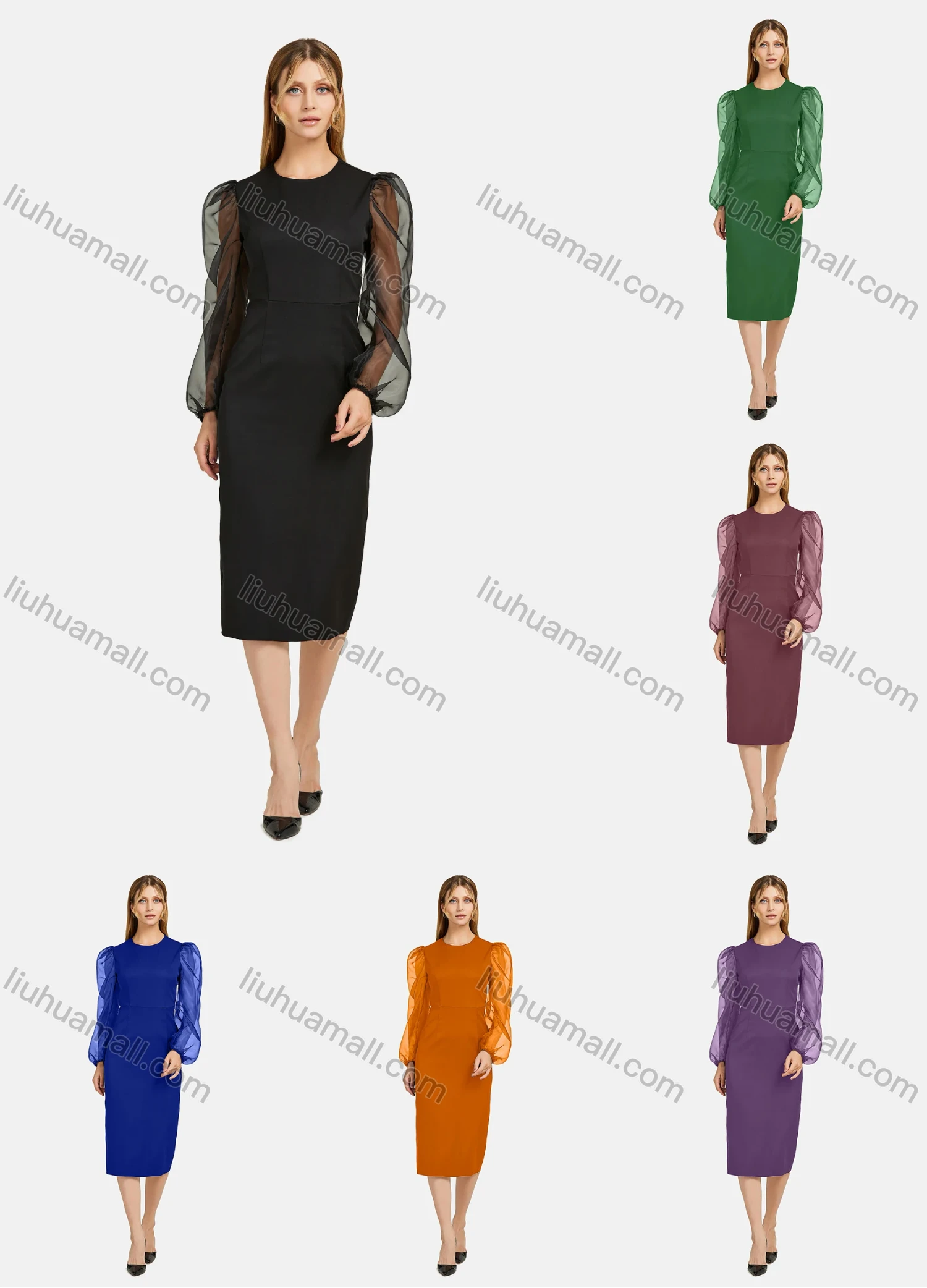 Wholesale Women's Fashion Round Neck Mesh Semi-Sheer Lantern Sleeve Plain Dress - Liuhuamall