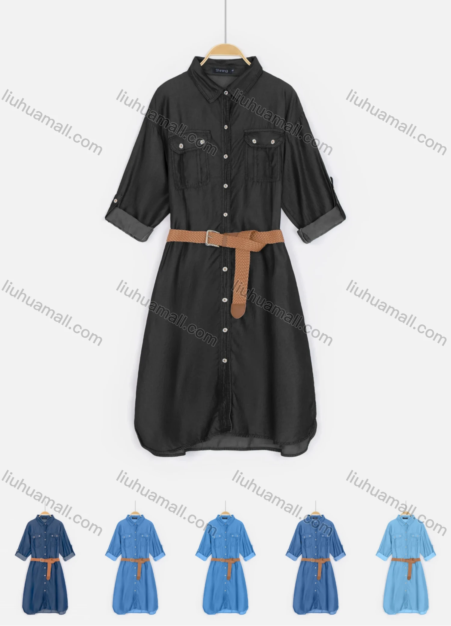Wholesale Women's Lapel Button Down Denim Dress With Belt - Liuhuamall