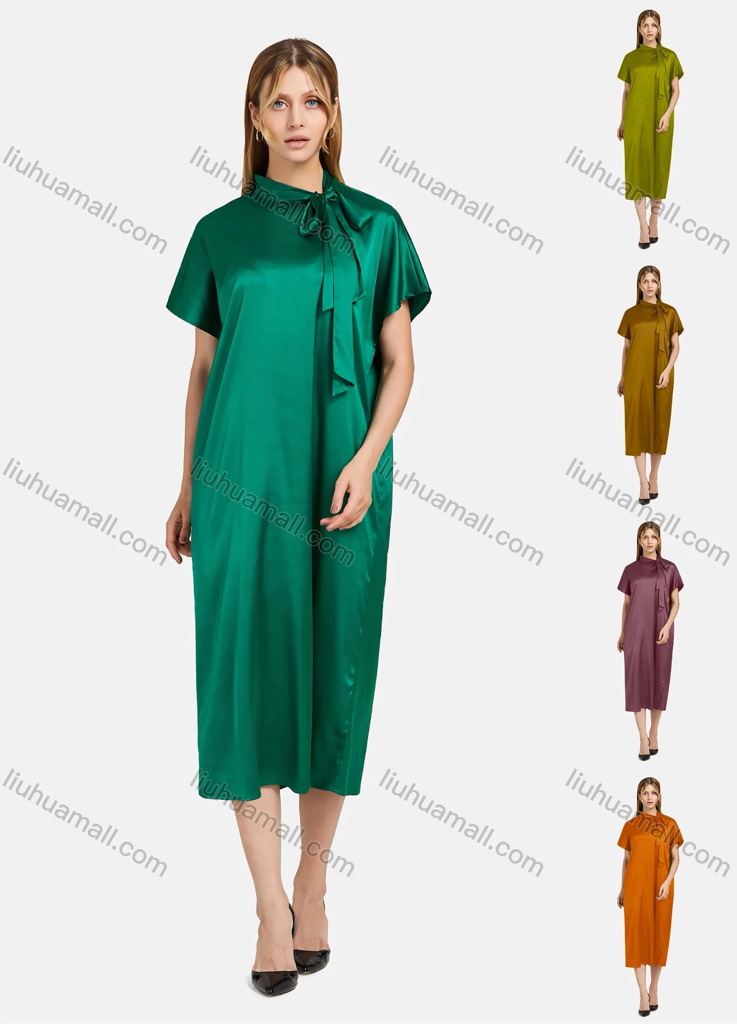 Wholesale Women's Casual Tie Neck Short Sleeve Satin Keyhole Back Plain Midi Dress - Liuhuamall