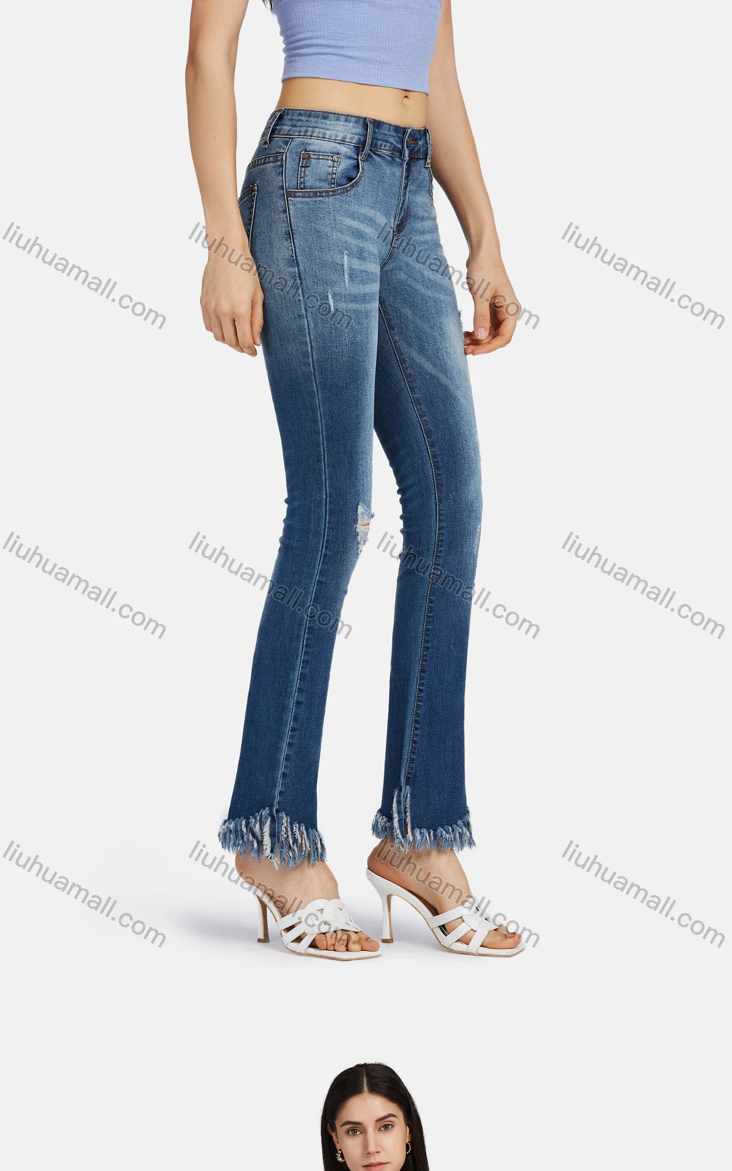 Wholesale Women's Casual Ripped Frayed Raw Hem Wash Distressed Jeans 3233# - Liuhuamall