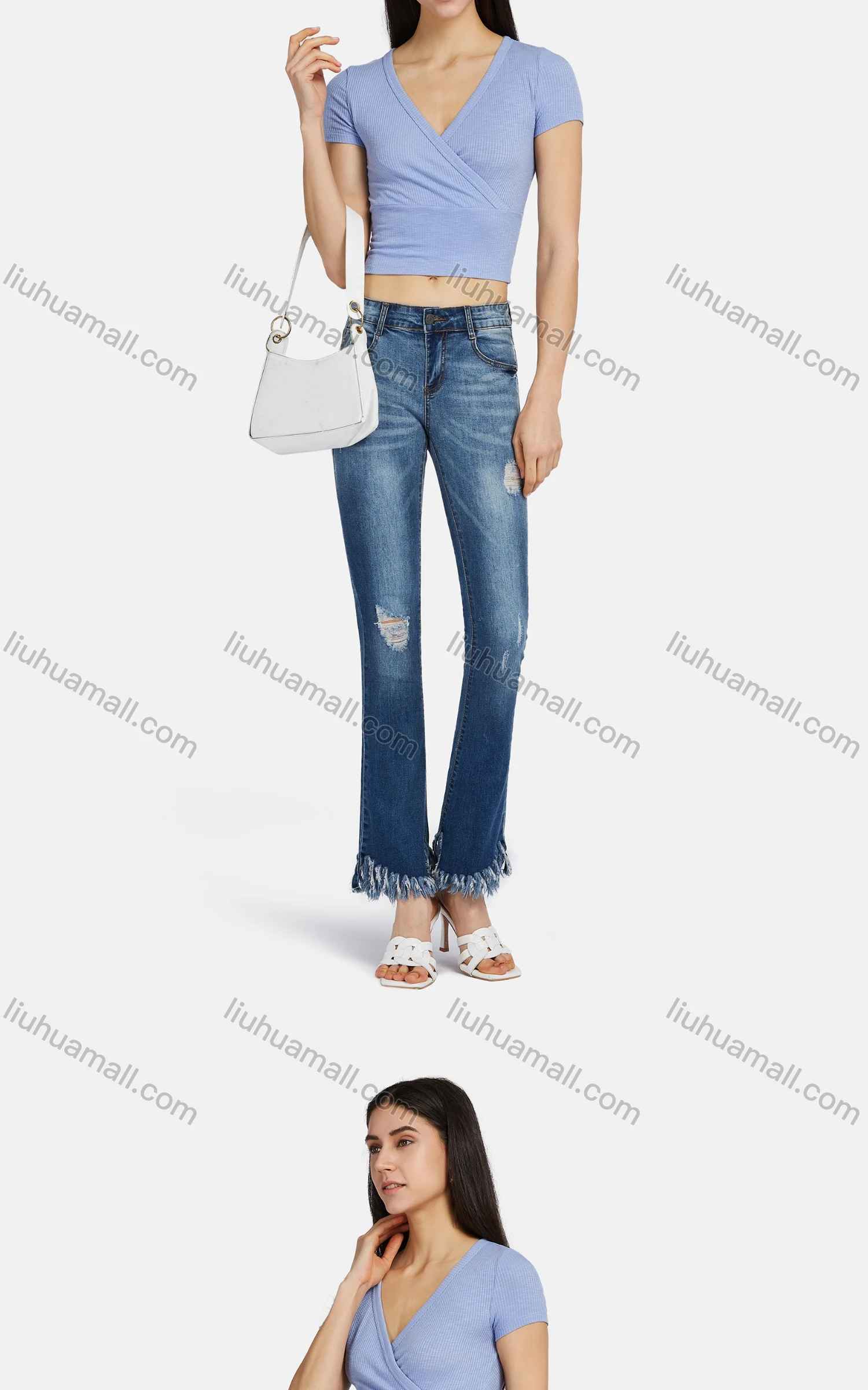 Wholesale Women's Casual Ripped Frayed Raw Hem Wash Distressed Jeans 3233# - Liuhuamall