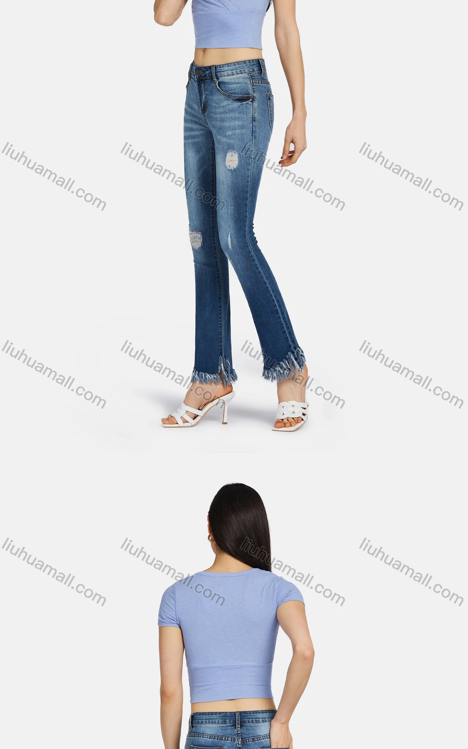 Wholesale Women's Casual Ripped Frayed Raw Hem Wash Distressed Jeans 3233# - Liuhuamall