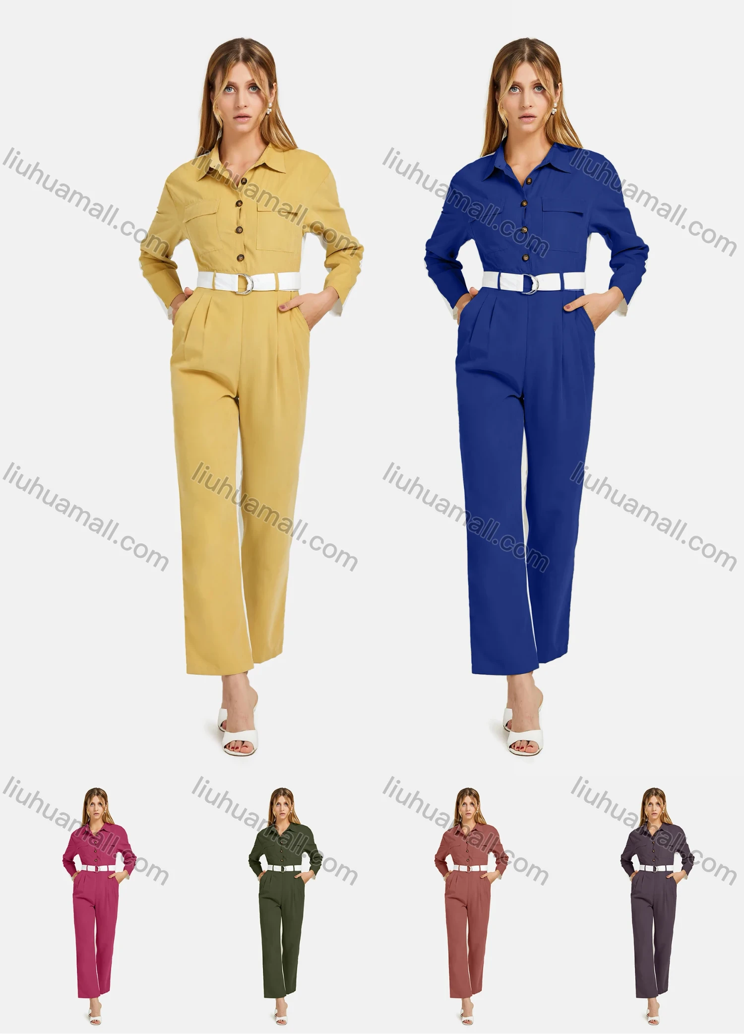 Wholesale Women's Long Sleeve Buttons Pockets Belted Sttiching Jumpsuit - Liuhuamall
