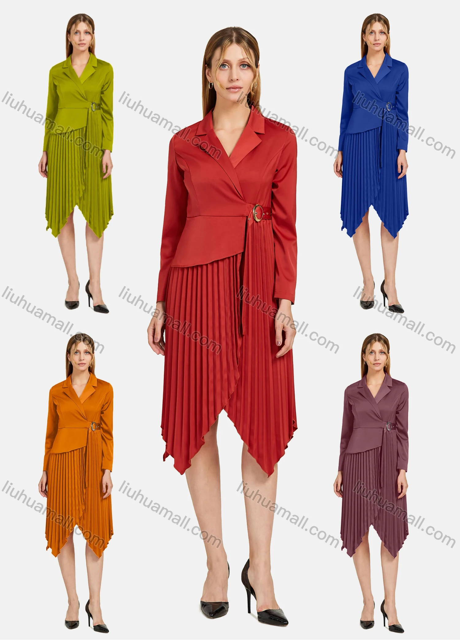 Wholesale Women's Lapel Wrap Long Sleeve Belted Pleated Hanky Hem Plain Dress - Liuhuamall