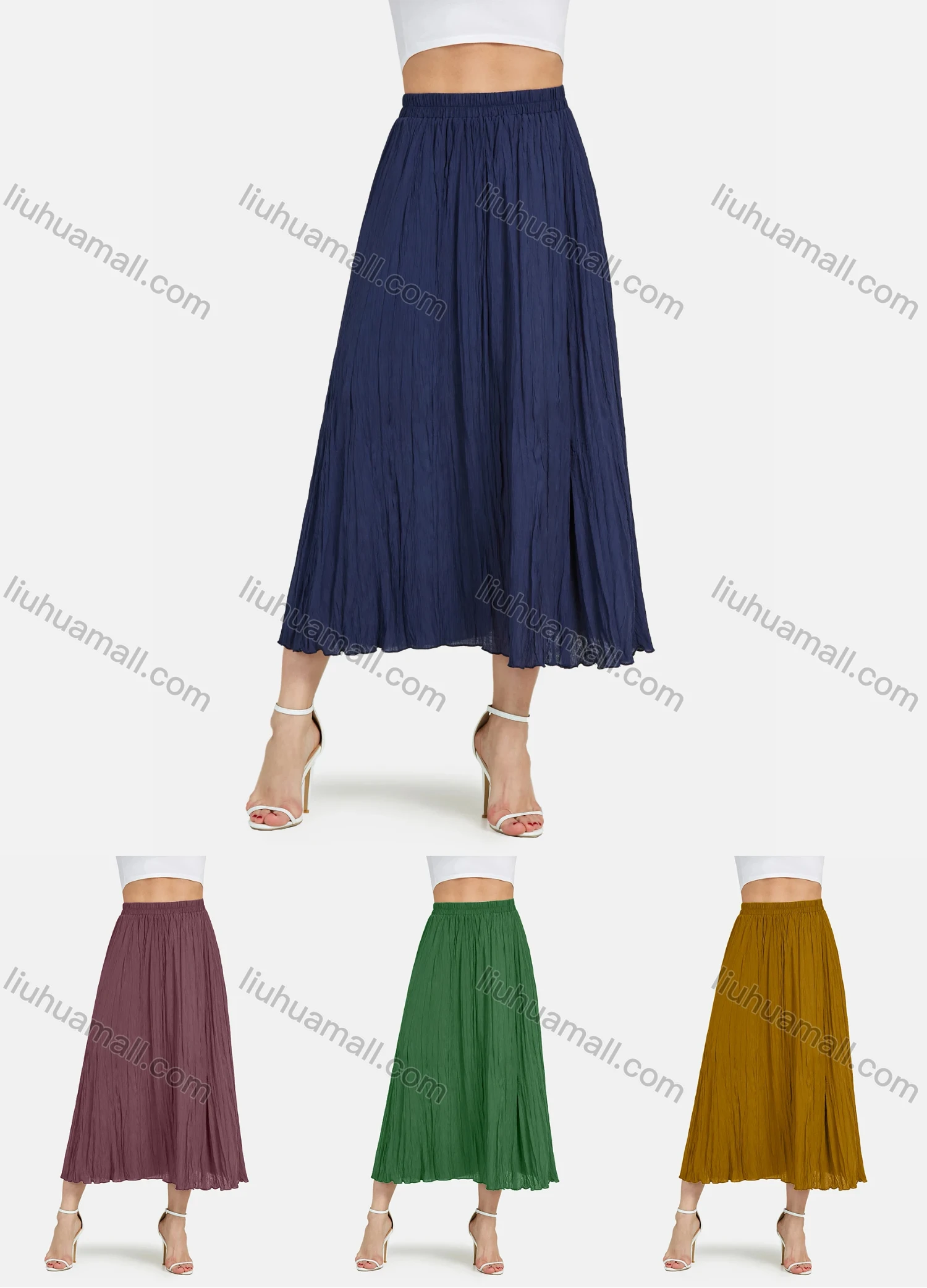 Wholesale Women's Elastic Waist Ruched Ruffle Hem Plain Maxi Skirt - Liuhuamall