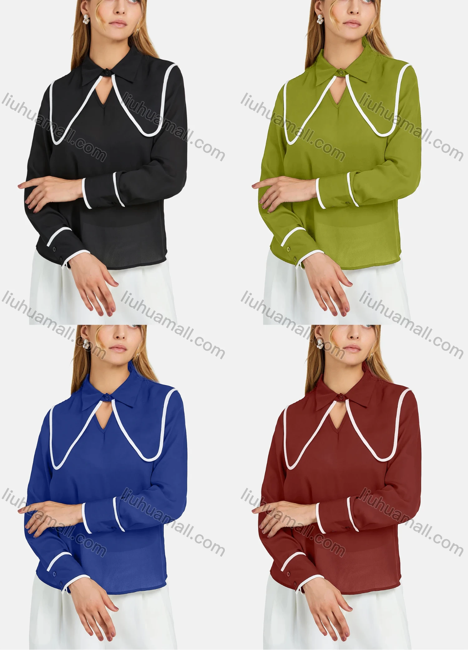 Wholesale Women's Peter Pan Collar Shirt Sleeve Button Semi-Sheer Plain Blouse - Liuhuamall