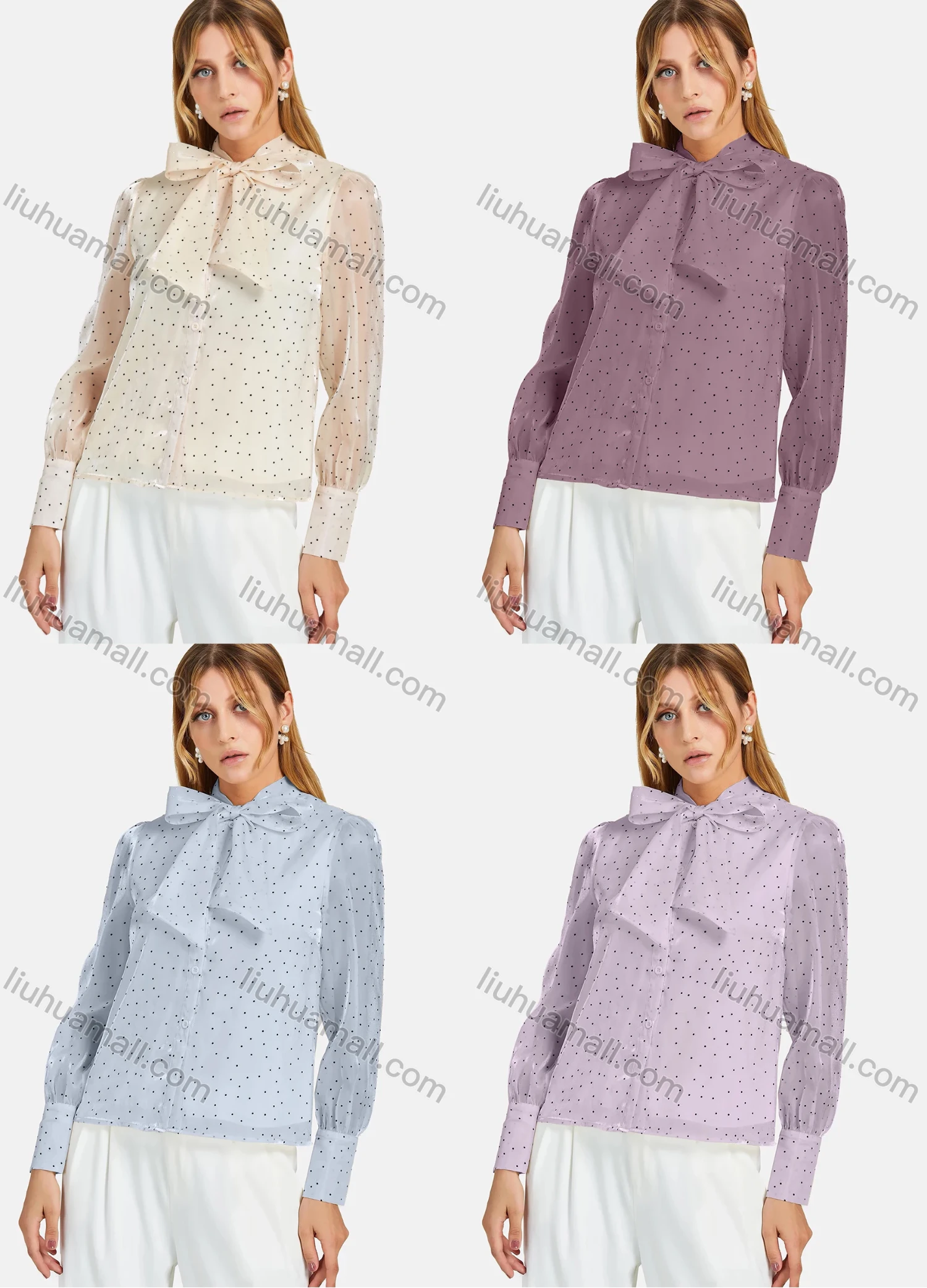 Wholesale Women's Casual Bow Tie Neck Shirt Sleeve Pin Dot Buttons Blouse 700-16# - Liuhuamall
