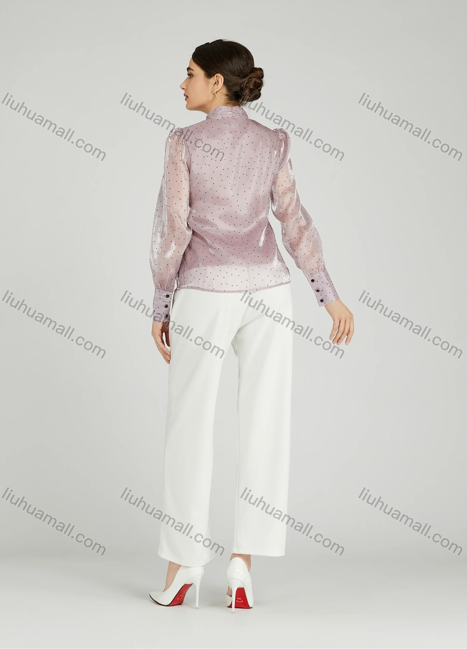 Wholesale Women's Casual Bow Tie Neck Shirt Sleeve Pin Dot Buttons Blouse 700-16# - Liuhuamall