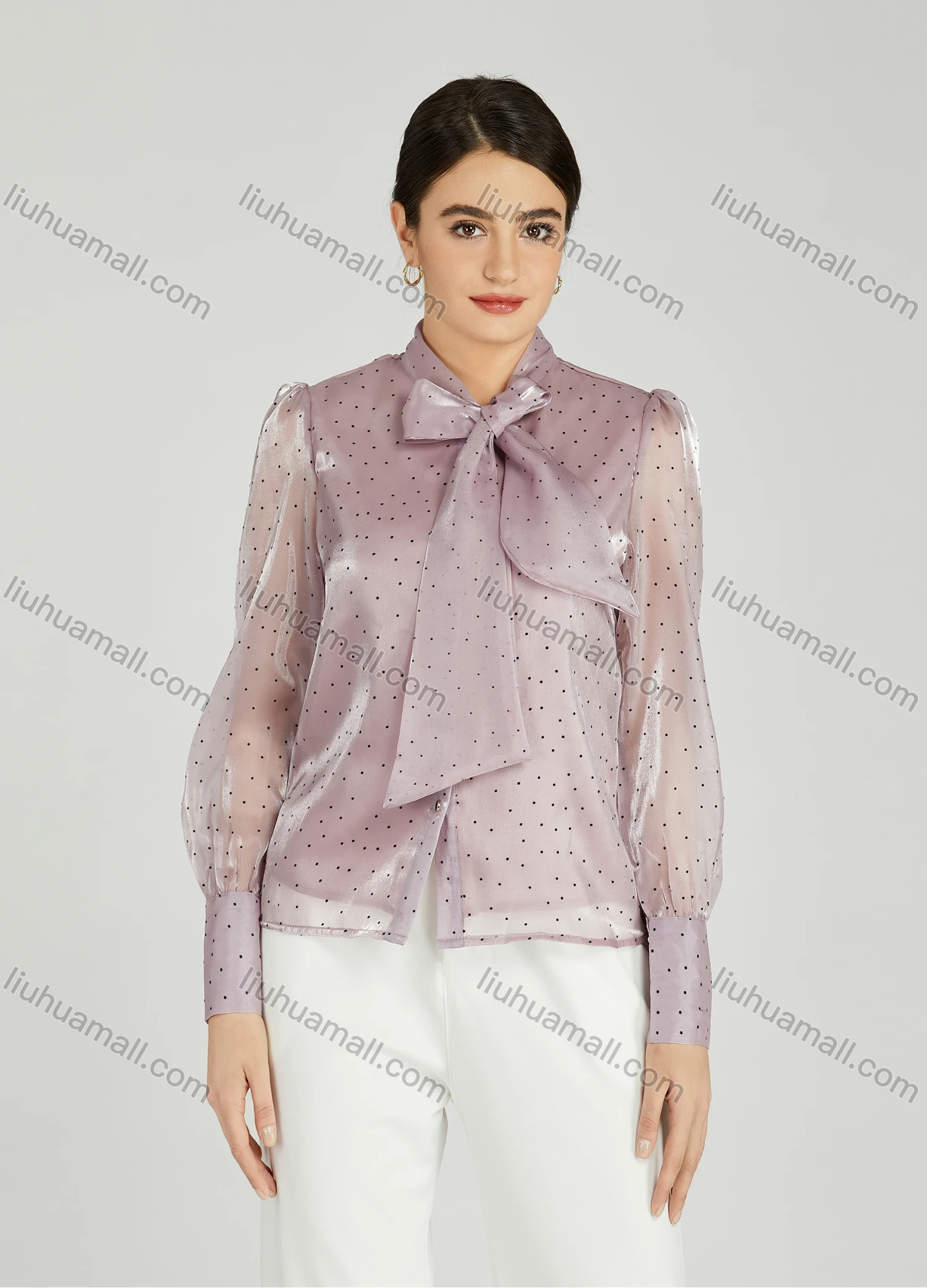Wholesale Women's Casual Bow Tie Neck Shirt Sleeve Pin Dot Buttons Blouse 700-16# - Liuhuamall