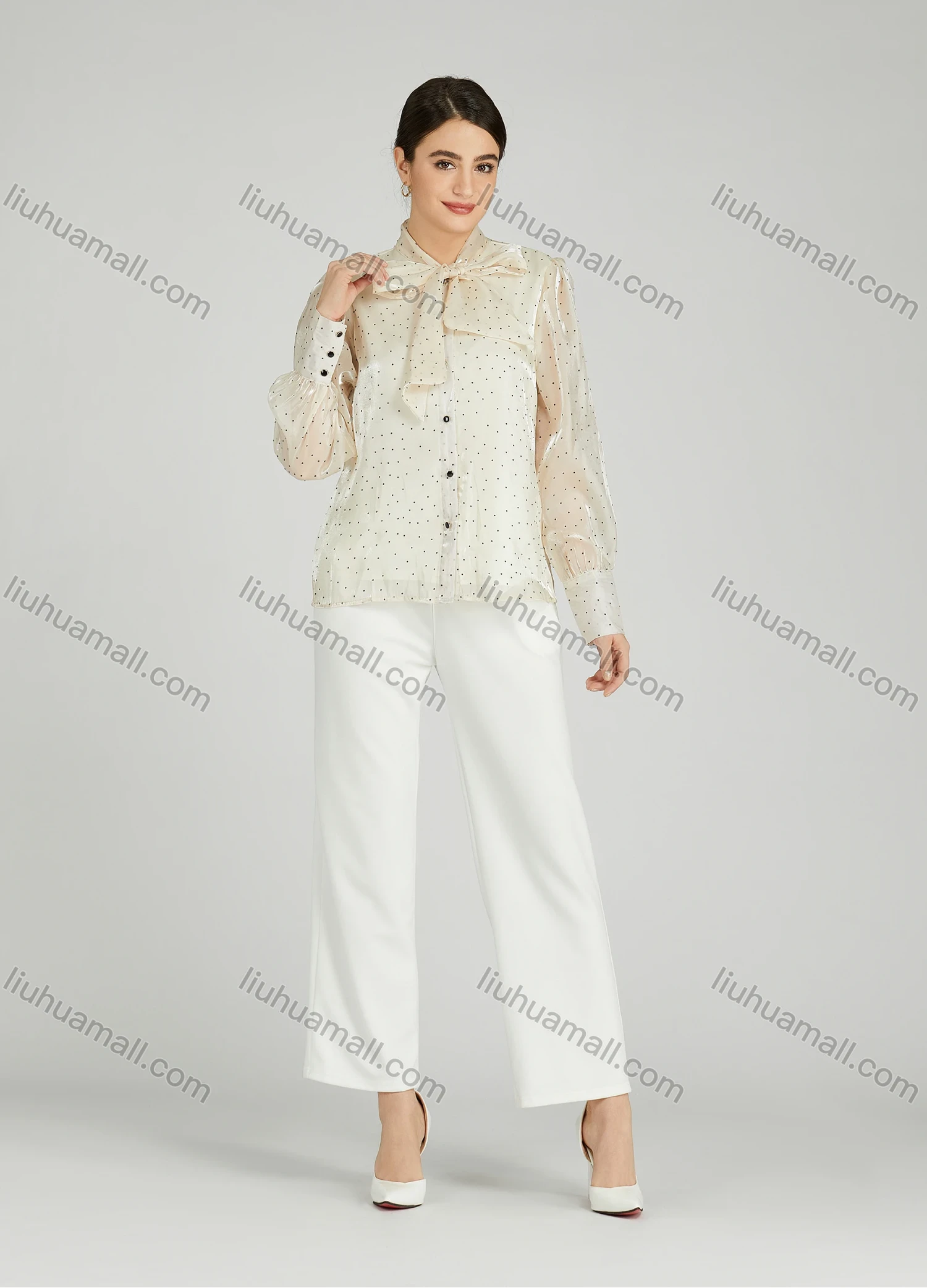 Wholesale Women's Casual Bow Tie Neck Shirt Sleeve Pin Dot Buttons Blouse 700-16# - Liuhuamall