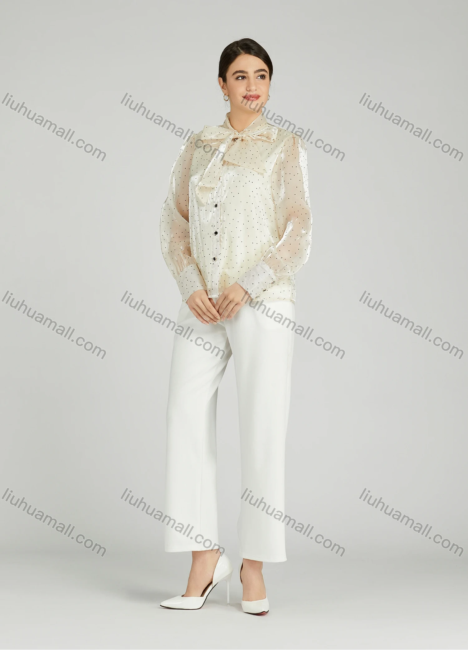 Wholesale Women's Casual Bow Tie Neck Shirt Sleeve Pin Dot Buttons Blouse 700-16# - Liuhuamall