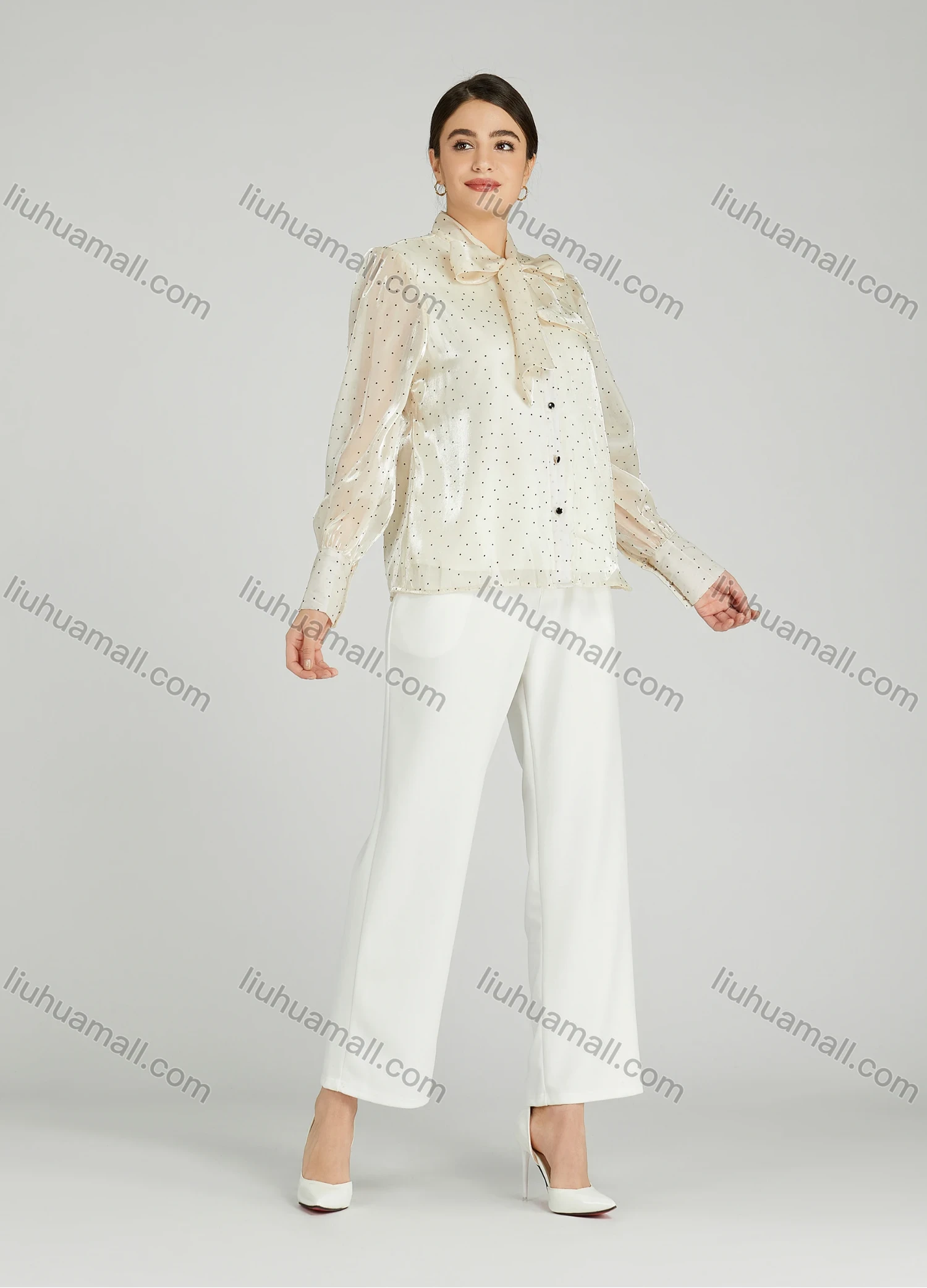 Wholesale Women's Casual Bow Tie Neck Shirt Sleeve Pin Dot Buttons Blouse 700-16# - Liuhuamall