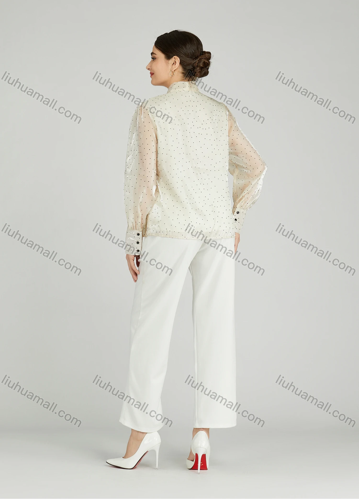 Wholesale Women's Casual Bow Tie Neck Shirt Sleeve Pin Dot Buttons Blouse 700-16# - Liuhuamall
