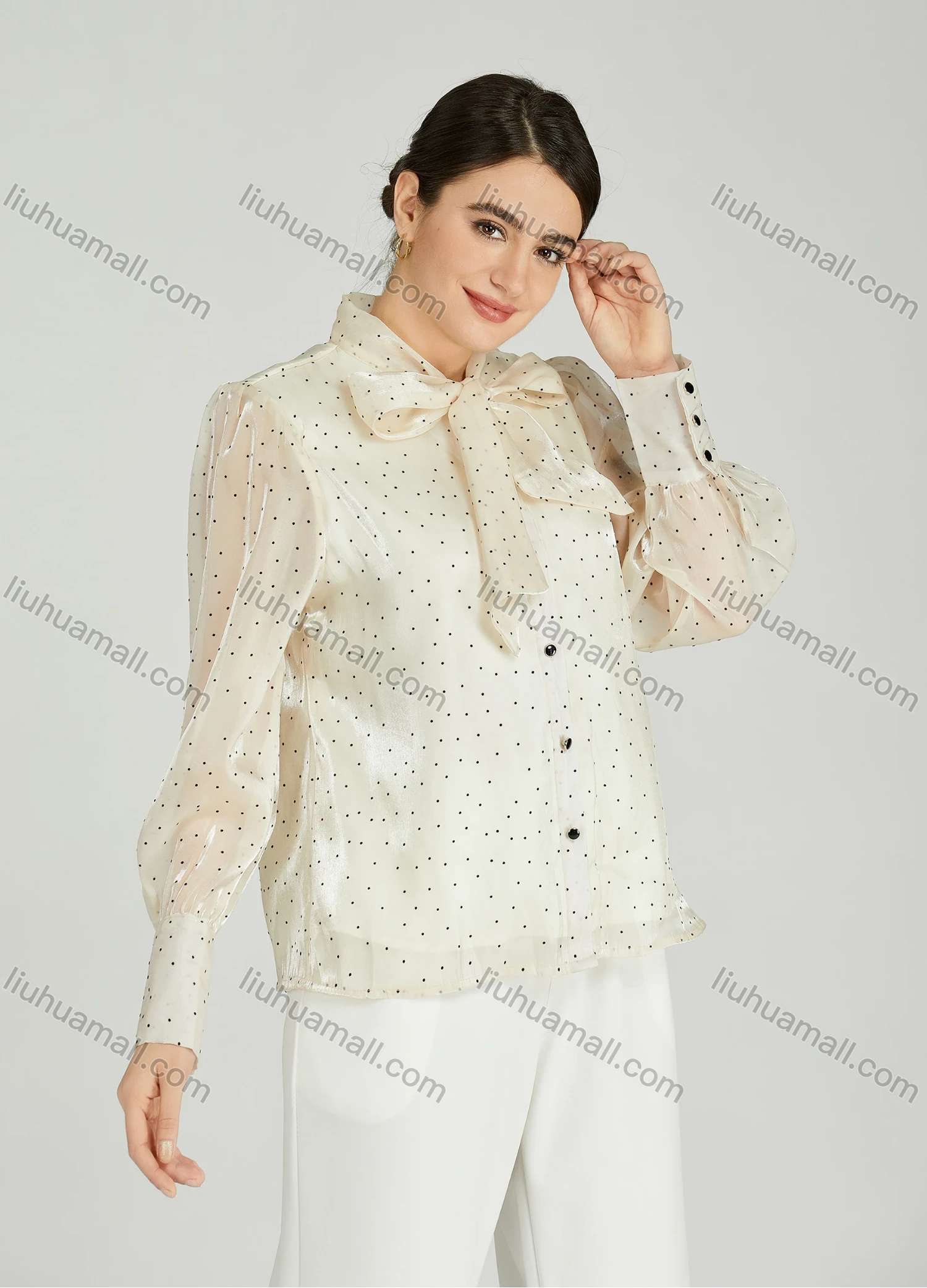 Wholesale Women's Casual Bow Tie Neck Shirt Sleeve Pin Dot Buttons Blouse 700-16# - Liuhuamall