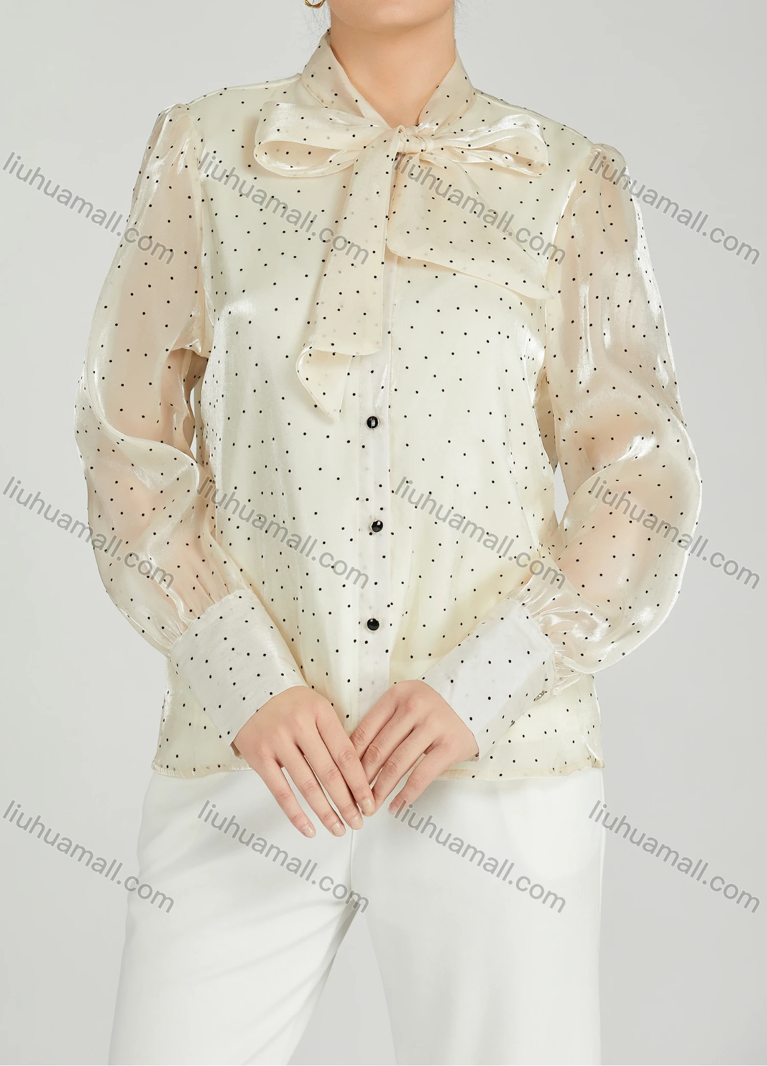Wholesale Women's Casual Bow Tie Neck Shirt Sleeve Pin Dot Buttons Blouse 700-16# - Liuhuamall