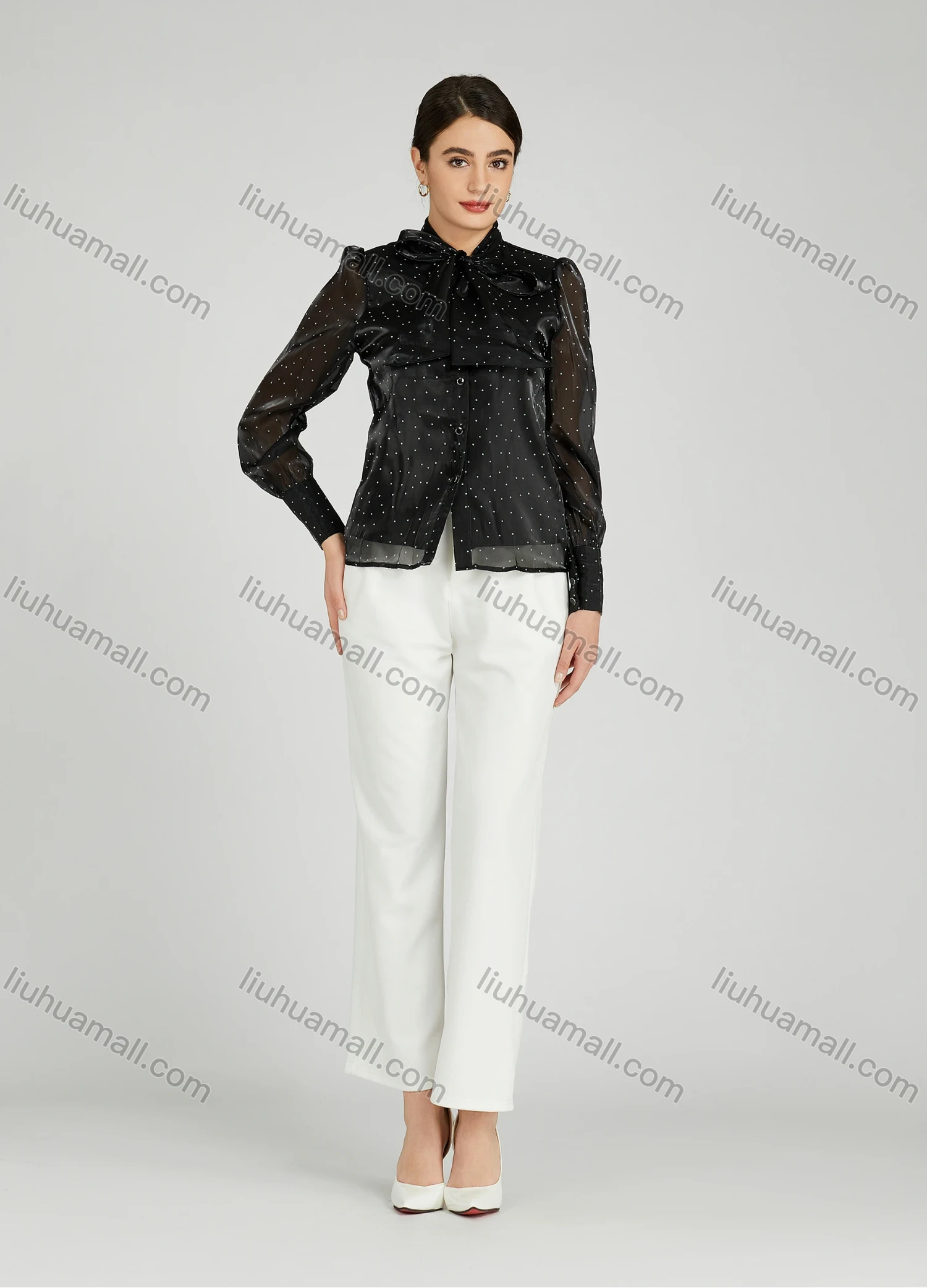 Wholesale Women's Casual Bow Tie Neck Shirt Sleeve Pin Dot Buttons Blouse 700-16# - Liuhuamall