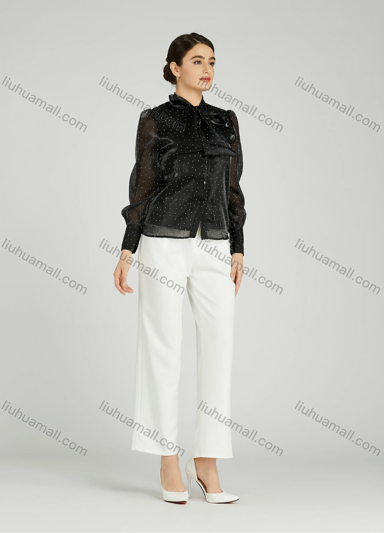 Wholesale Women's Casual Bow Tie Neck Shirt Sleeve Pin Dot Buttons Blouse 700-16# - Liuhuamall