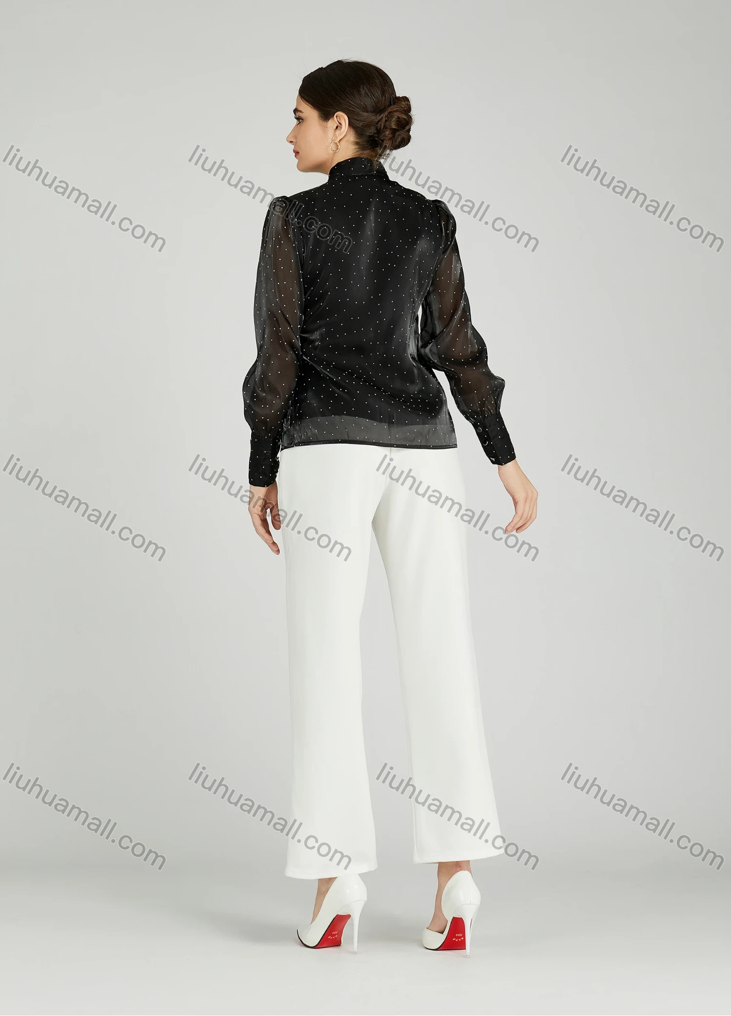 Wholesale Women's Casual Bow Tie Neck Shirt Sleeve Pin Dot Buttons Blouse 700-16# - Liuhuamall