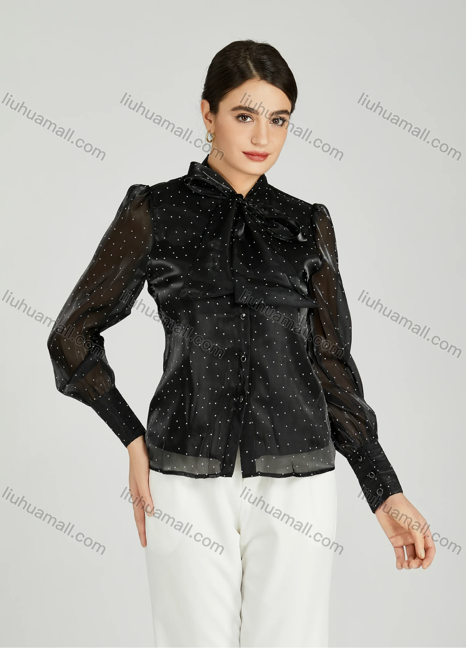 Wholesale Women's Casual Bow Tie Neck Shirt Sleeve Pin Dot Buttons Blouse 700-16# - Liuhuamall