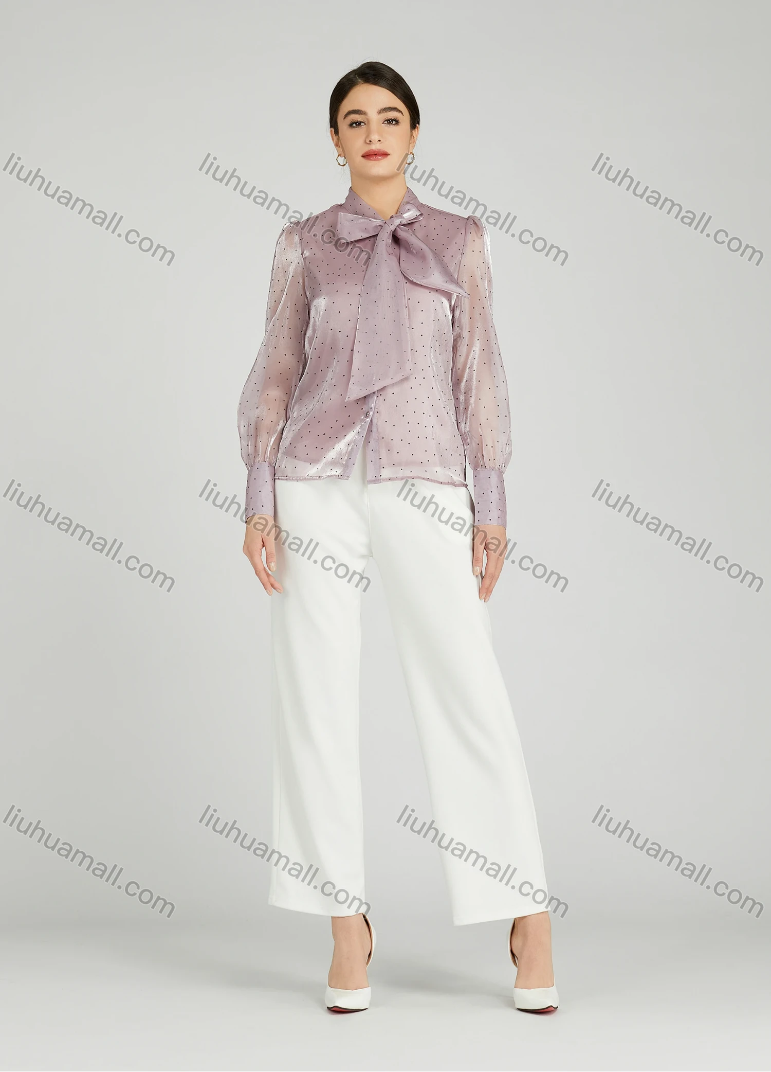 Wholesale Women's Casual Bow Tie Neck Shirt Sleeve Pin Dot Buttons Blouse 700-16# - Liuhuamall