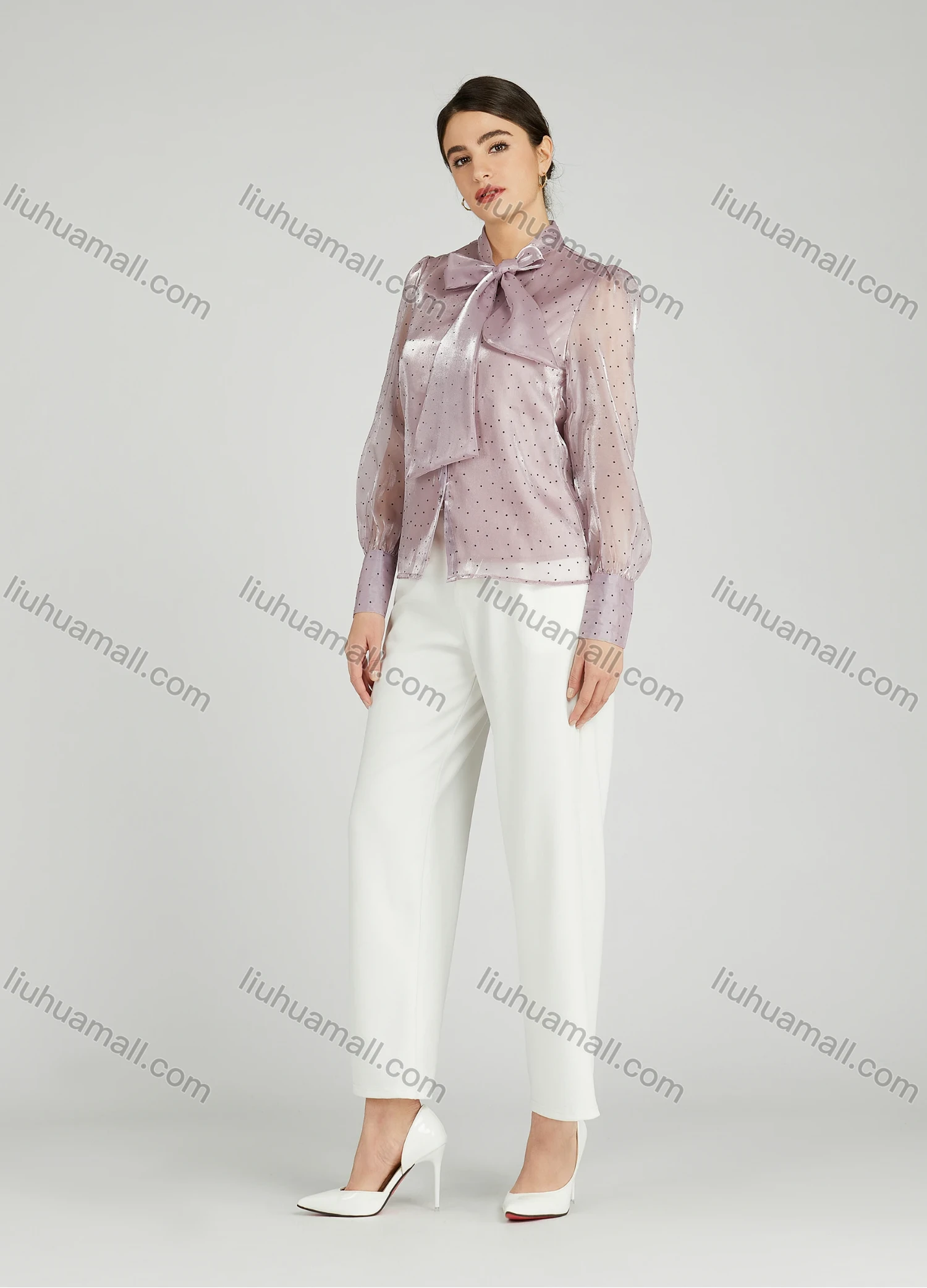 Wholesale Women's Casual Bow Tie Neck Shirt Sleeve Pin Dot Buttons Blouse 700-16# - Liuhuamall