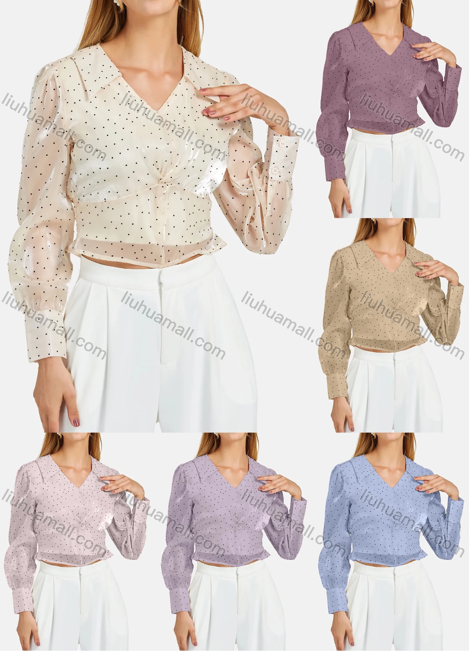 Wholesale Women's Turn-down Collar Shirt Sleeve Polka Dot Shirred Ruffle Hem Crop Blouse - Liuhuamall