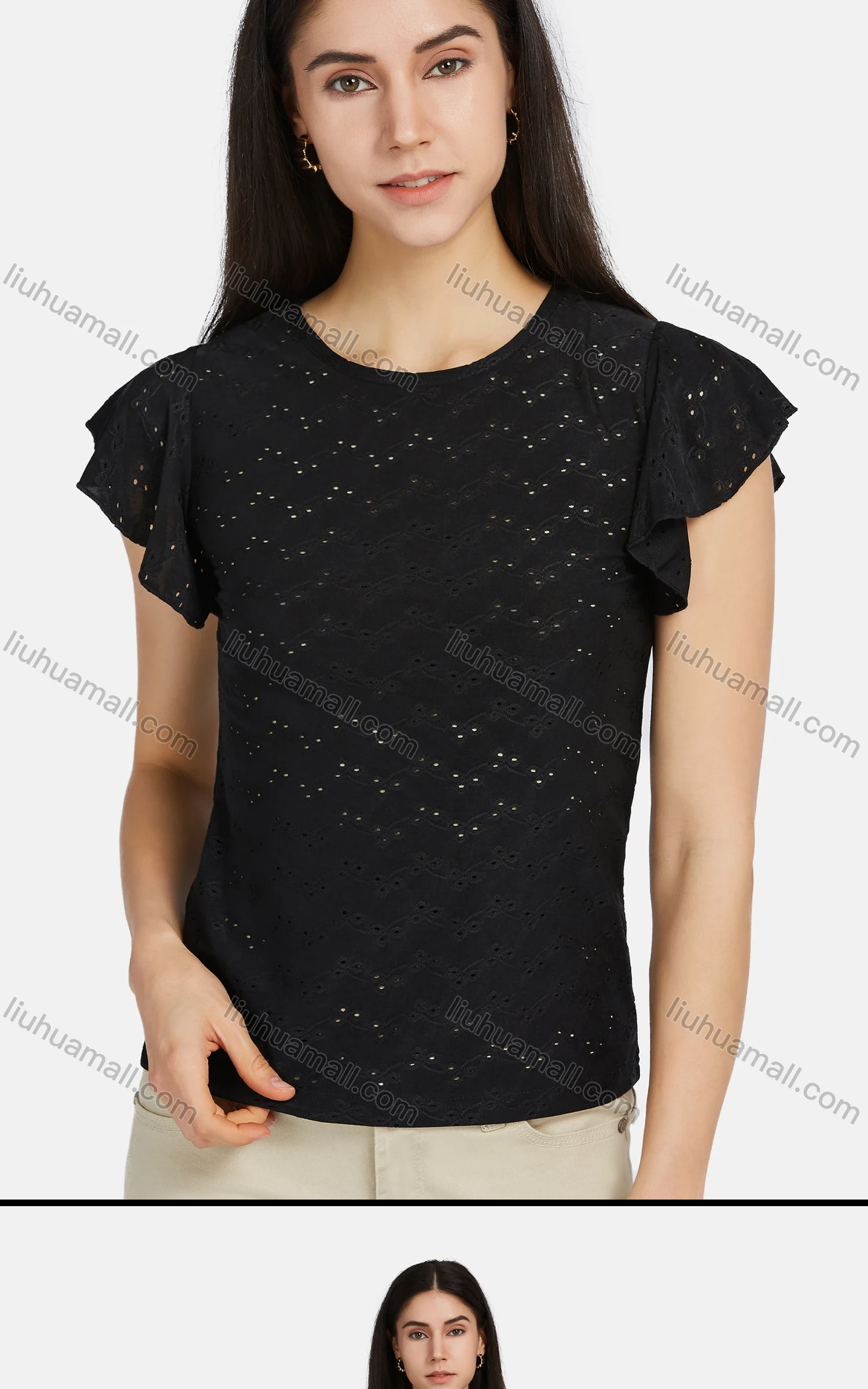 Wholesale Women's Casual Ruffle Sleeve Eyelet Embroidered Tops 8403# - Liuhuamall