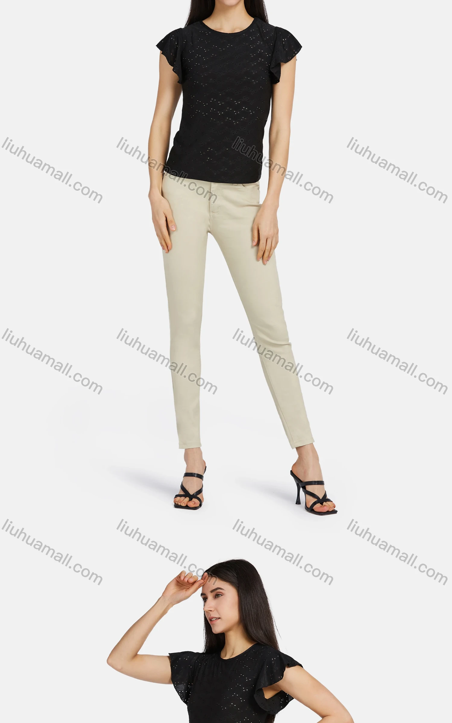 Wholesale Women's Casual Ruffle Sleeve Eyelet Embroidered Tops 8403# - Liuhuamall