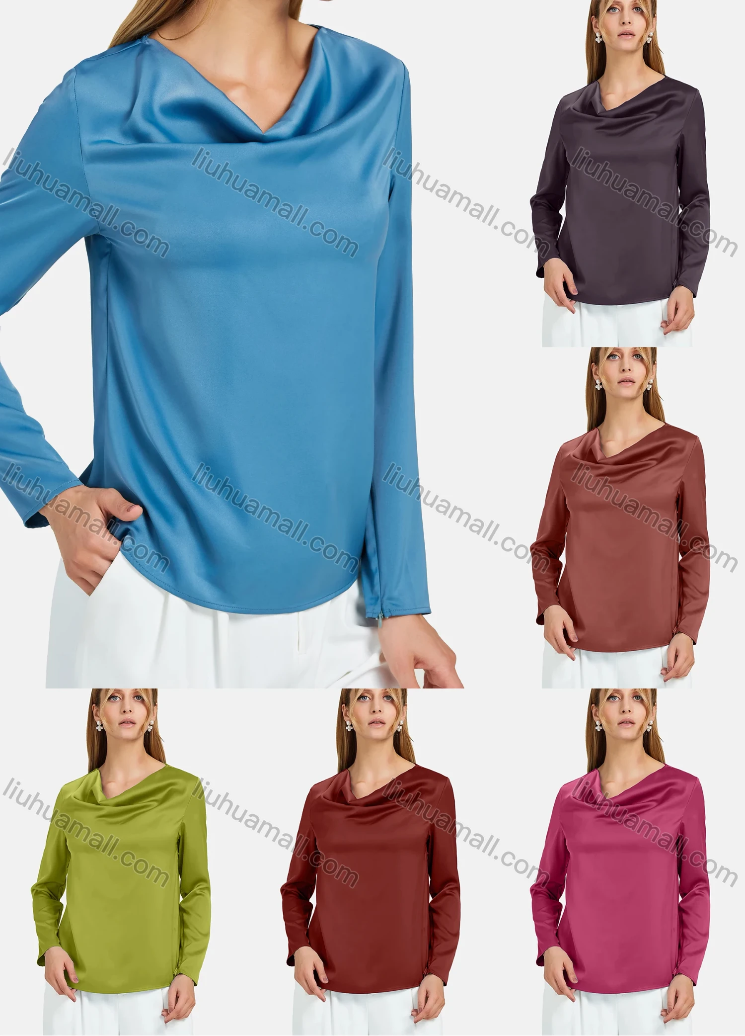 Wholesale Women's Casual Cowl Neck Long Sleeve Plain Blouse - Liuhuamall