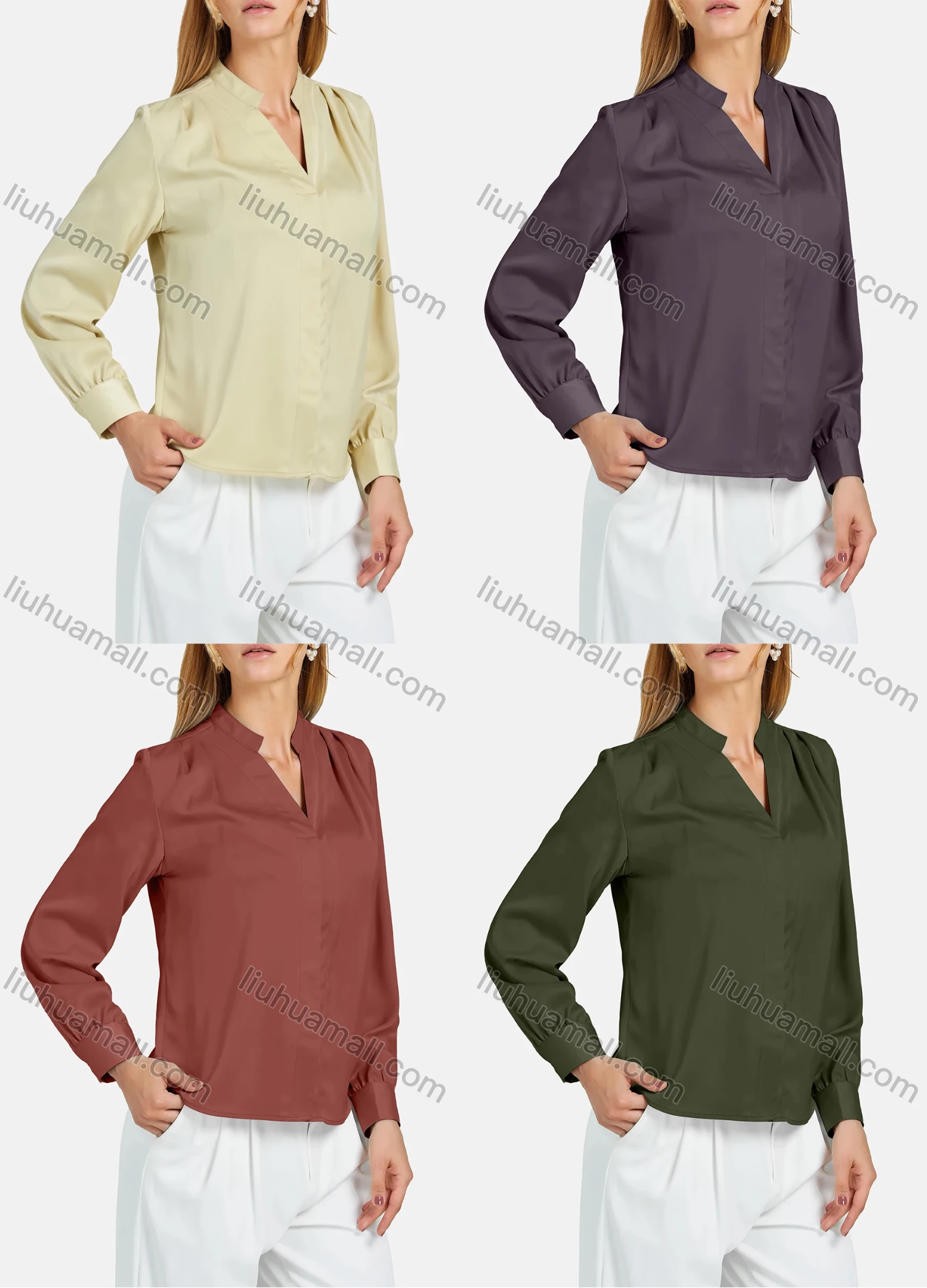 Wholesale Women's Casual Notched Neck Shirt Sleeve Plain Blouse - Liuhuamall
