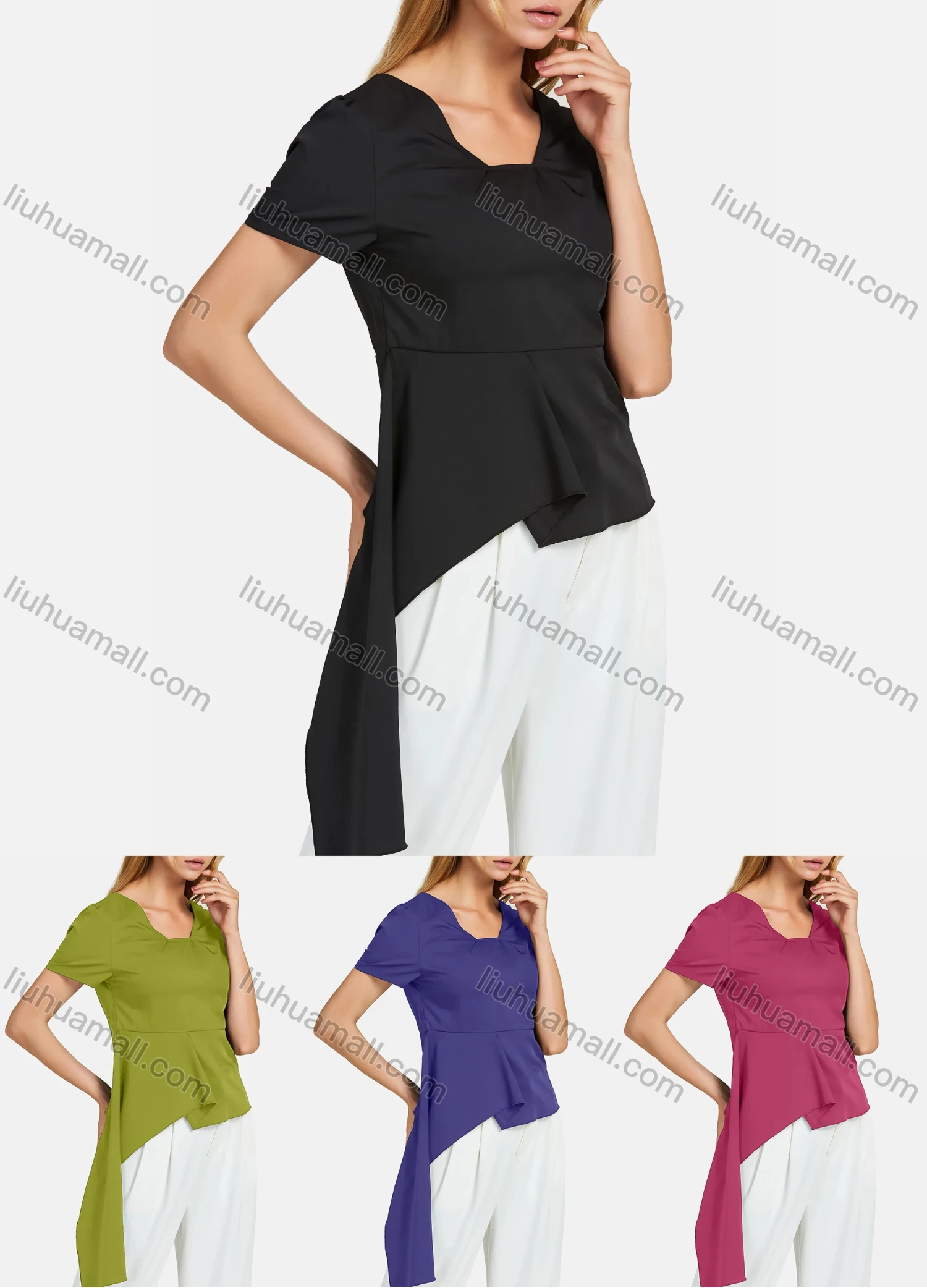 Wholesale Women's Square Neck Short Sleeve Zipper Open Back Asymmetrical Hem Plain Blouse - Liuhuamall
