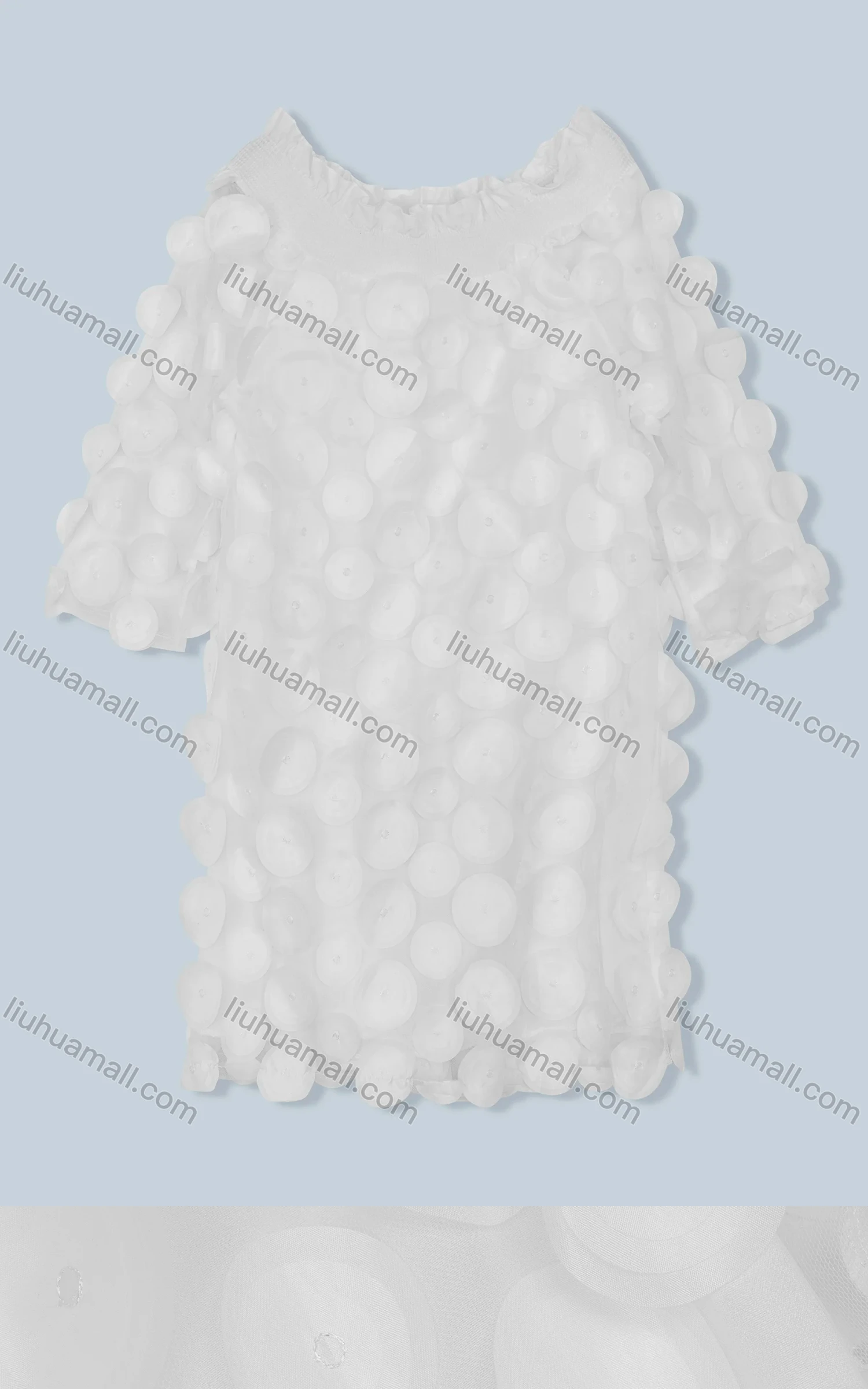 Wholesale Women's Round Neck Half Sleeve Shirred Ruffle Trim Appliques Plain Blouse - Liuhuamall