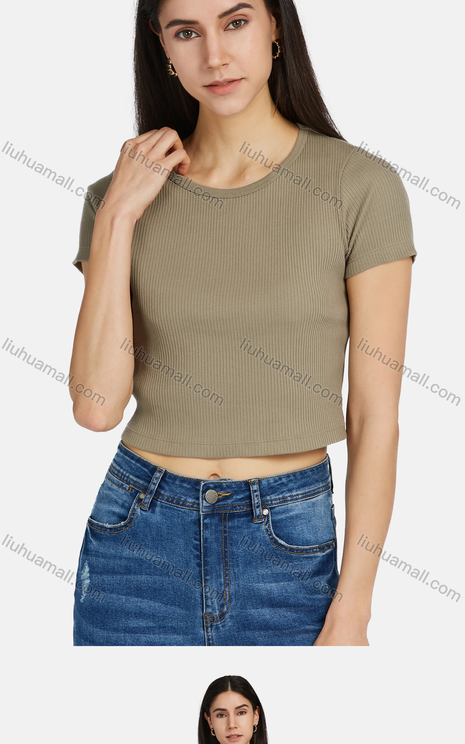 Wholesale Women's Casual Crew Neck Short Sleeve Ribbed Slim Fit Crop Tops 3039# - Liuhuamall