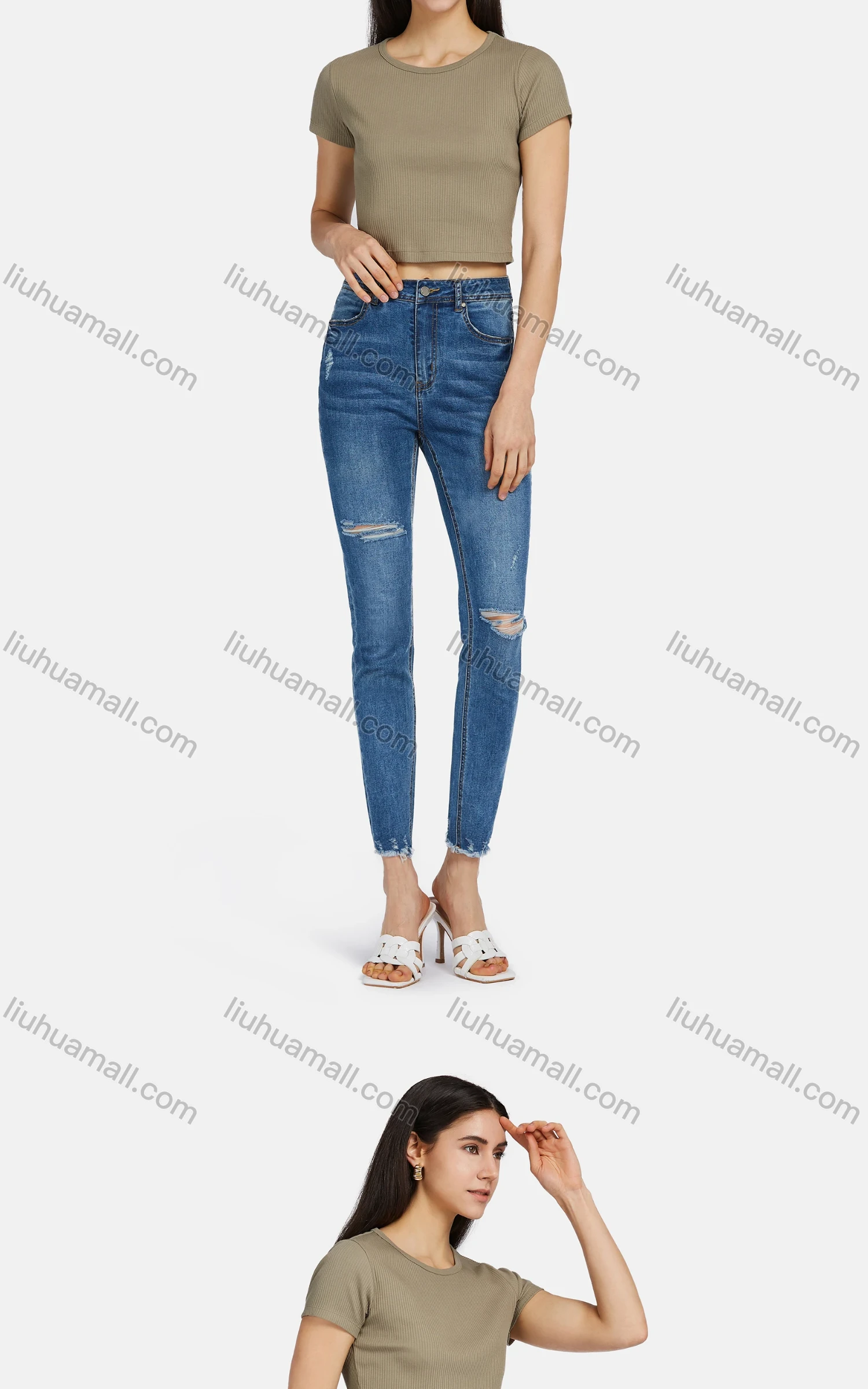 Wholesale Women's Casual Crew Neck Short Sleeve Ribbed Slim Fit Crop Tops 3039# - Liuhuamall