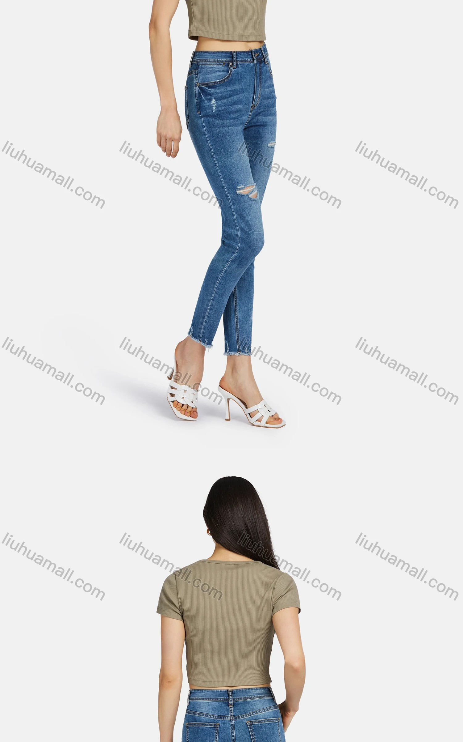 Wholesale Women's Casual Crew Neck Short Sleeve Ribbed Slim Fit Crop Tops 3039# - Liuhuamall