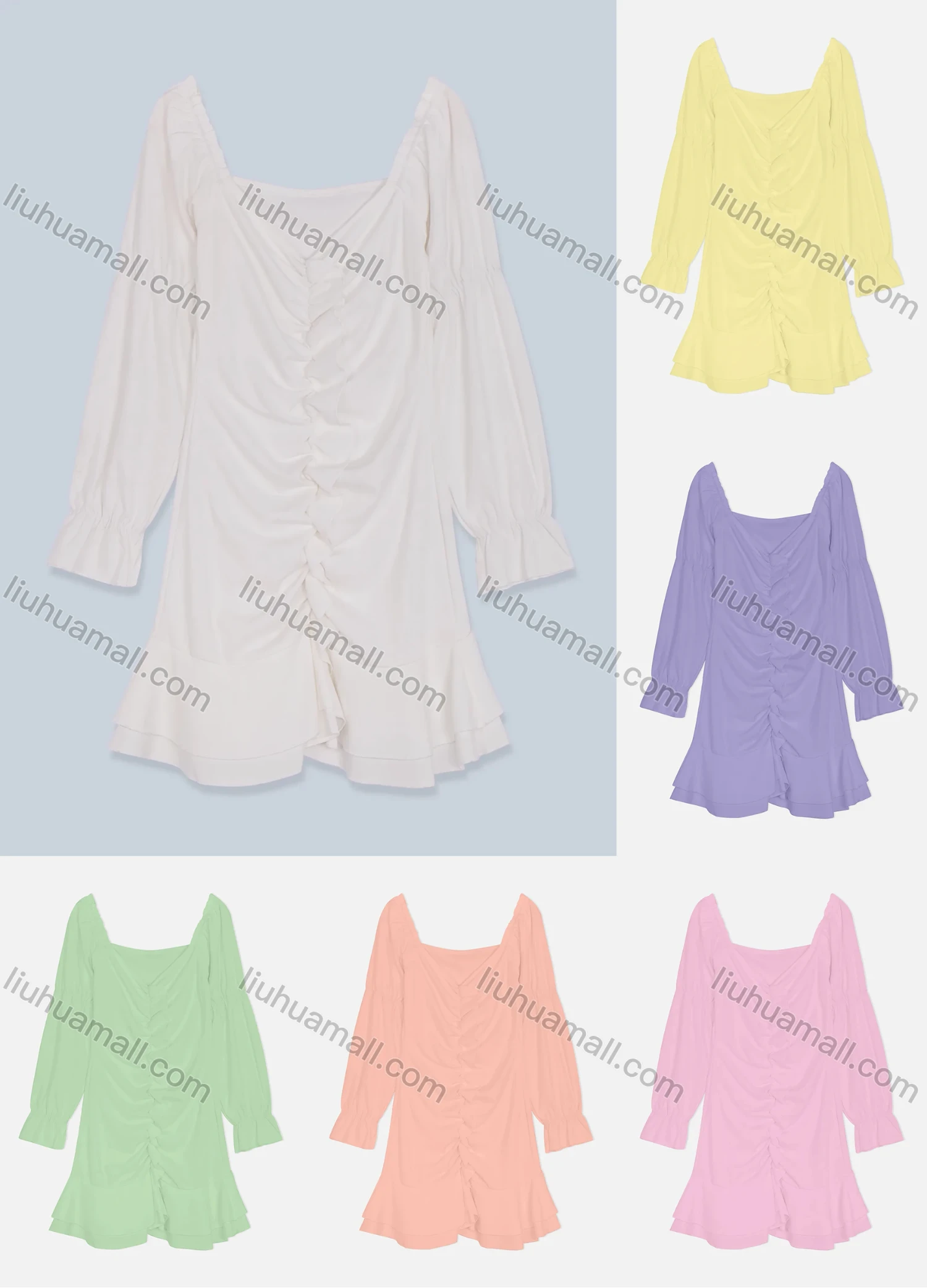 Wholesale Women's Casual V Neck Poet Sleeve Layered Hem Ruffle Trim Ruched Short Dress 5794# - Liuhuamall