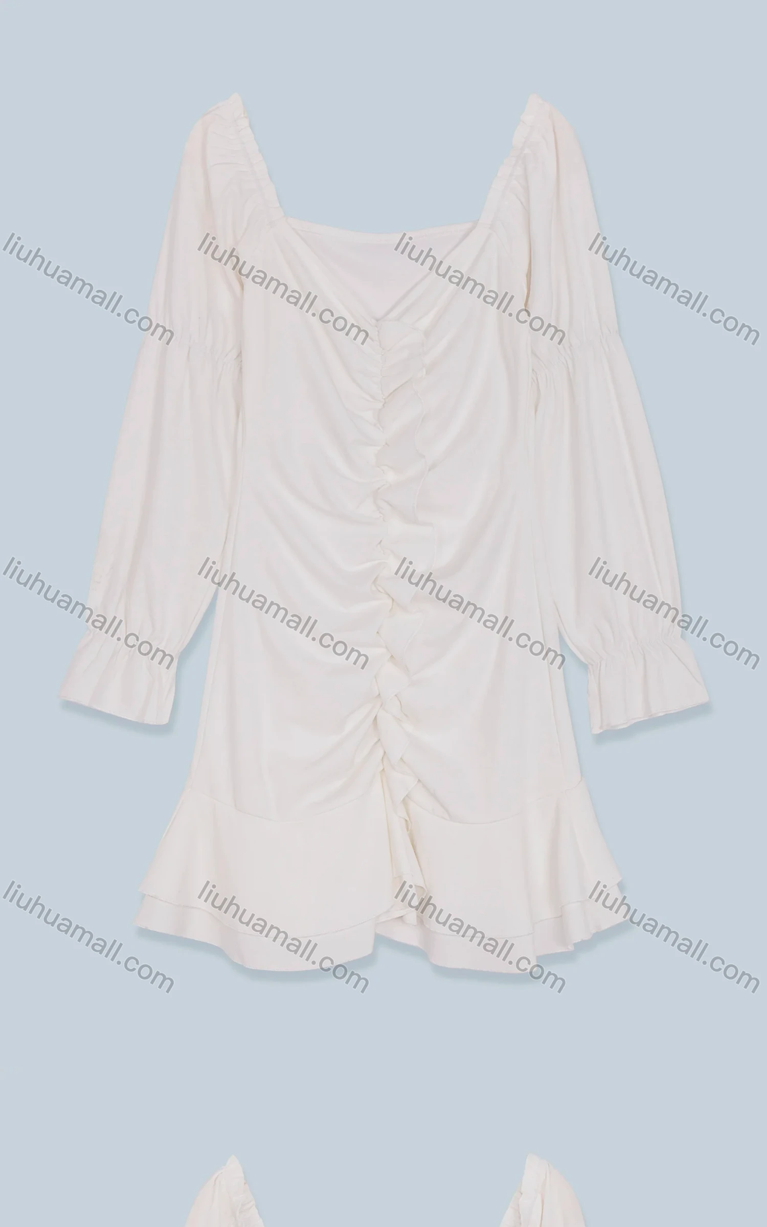 Wholesale Women's Casual V Neck Poet Sleeve Layered Hem Ruffle Trim Ruched Short Dress 5794# - Liuhuamall