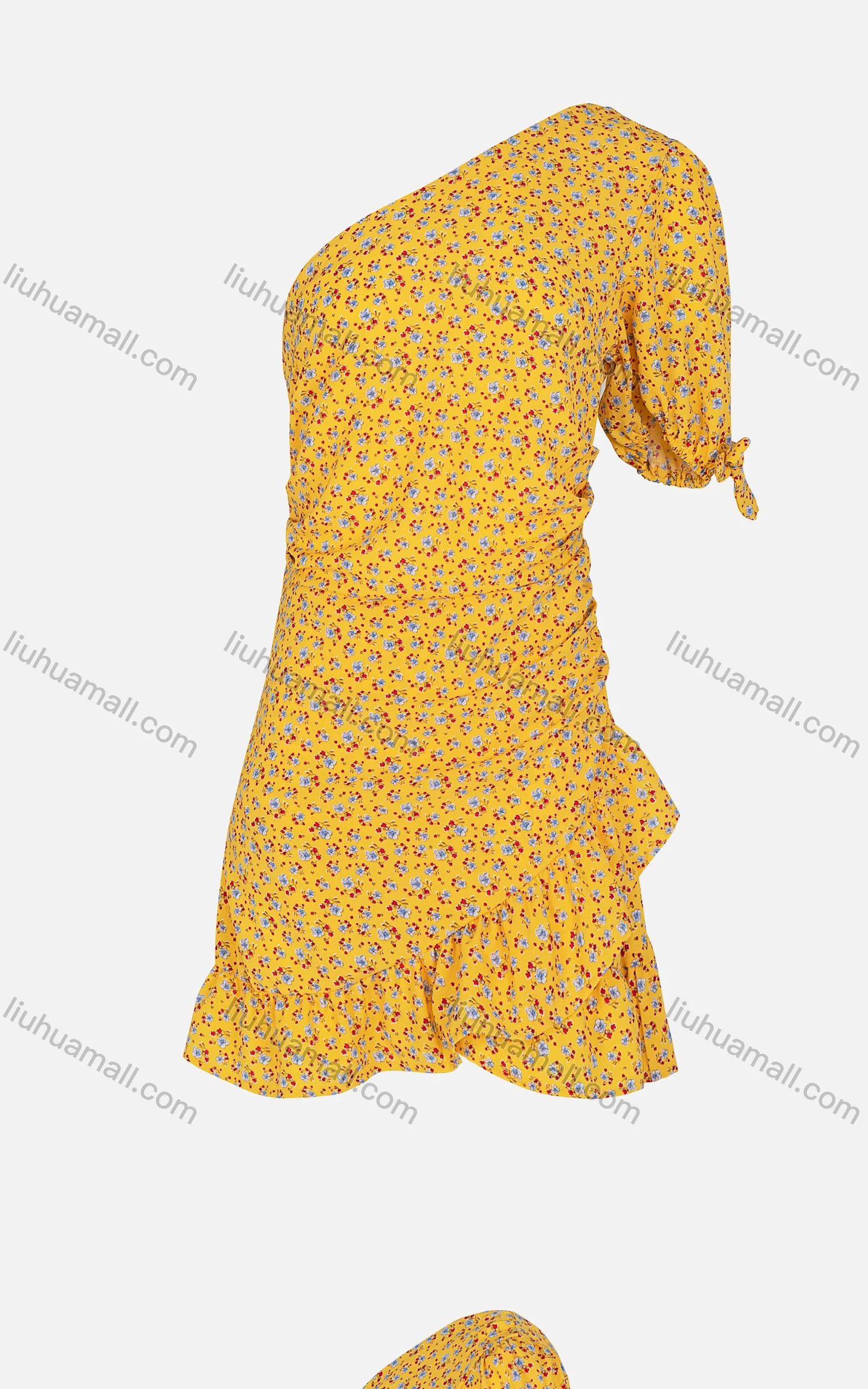 Wholesale Women's Sexy One Shoulder Floral Ruched Ruffle Trim Short Dress 9631# - Liuhuamall