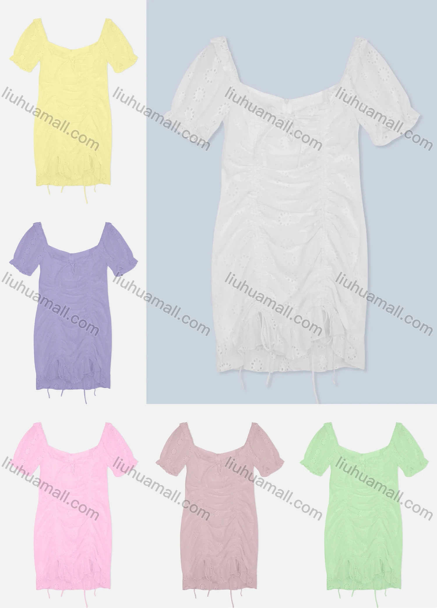 Wholesale Women's Casual Sweetheart Neck Poet Sleeve Mesh Tie Front Short Dress 8644# - Liuhuamall