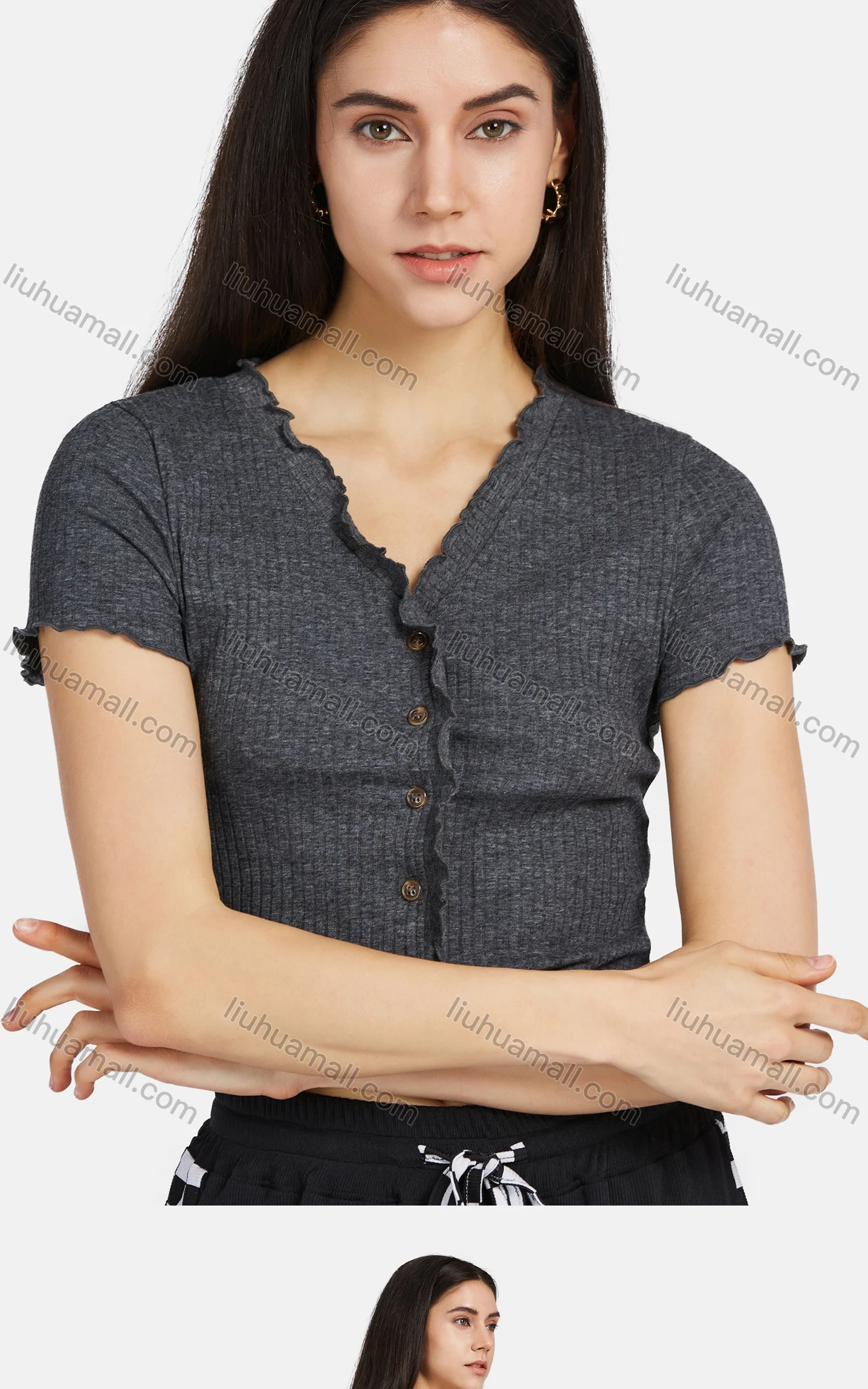 Wholesale Women's Casual Short Sleeve Lettuce Trim Button Down Crop Tops 6253# - Liuhuamall